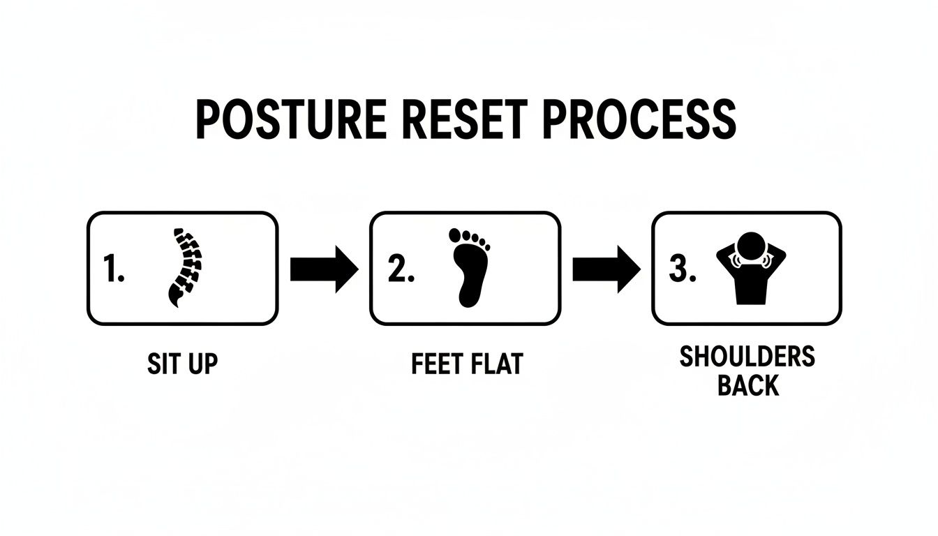 A diagram illustrating a three-step posture reset process with icons: sit up, feet flat, shoulders back.