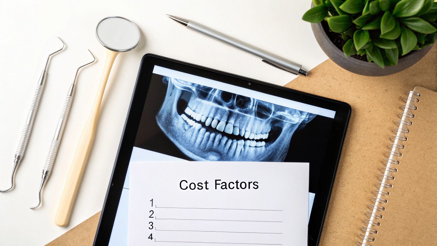 Dental tools, a tablet displaying a teeth X-ray, and a 'Cost Factors' list on a desk.