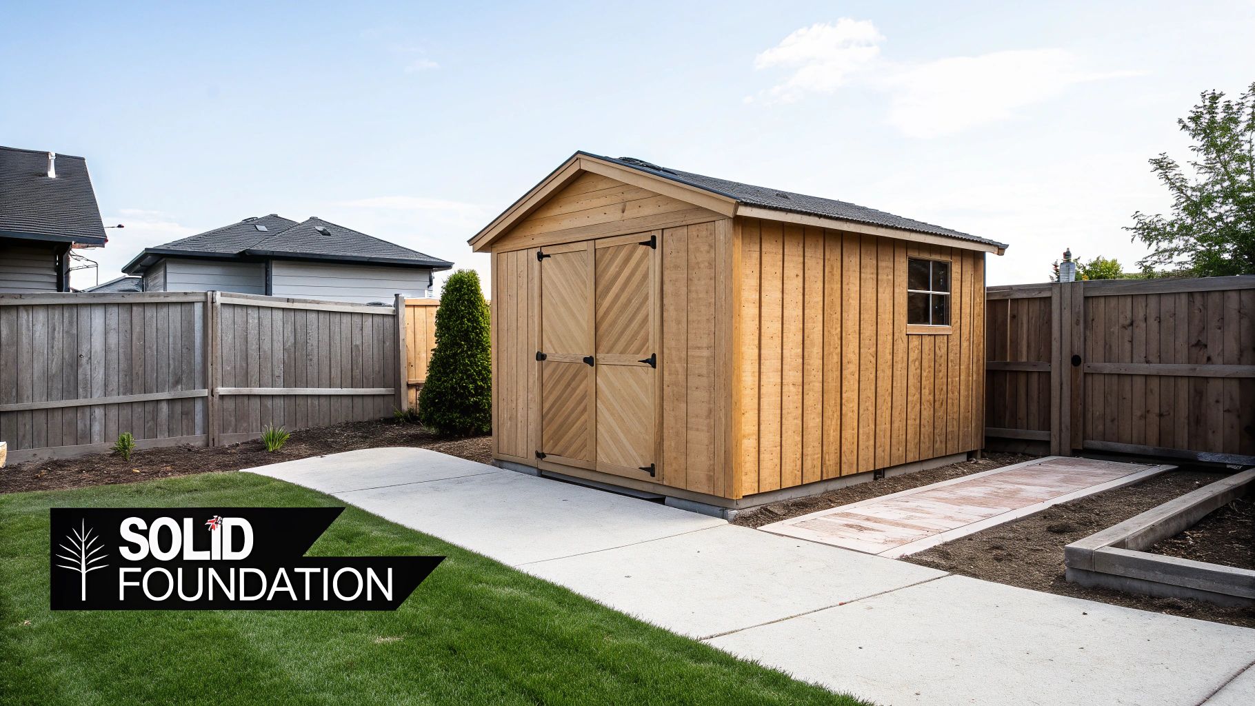 Building the Perfect Concrete Pad Shed Foundation in Pennsylvania & Maryland 2 A new wooden backyard storage shed with chevron doors and a window on a concrete pad.