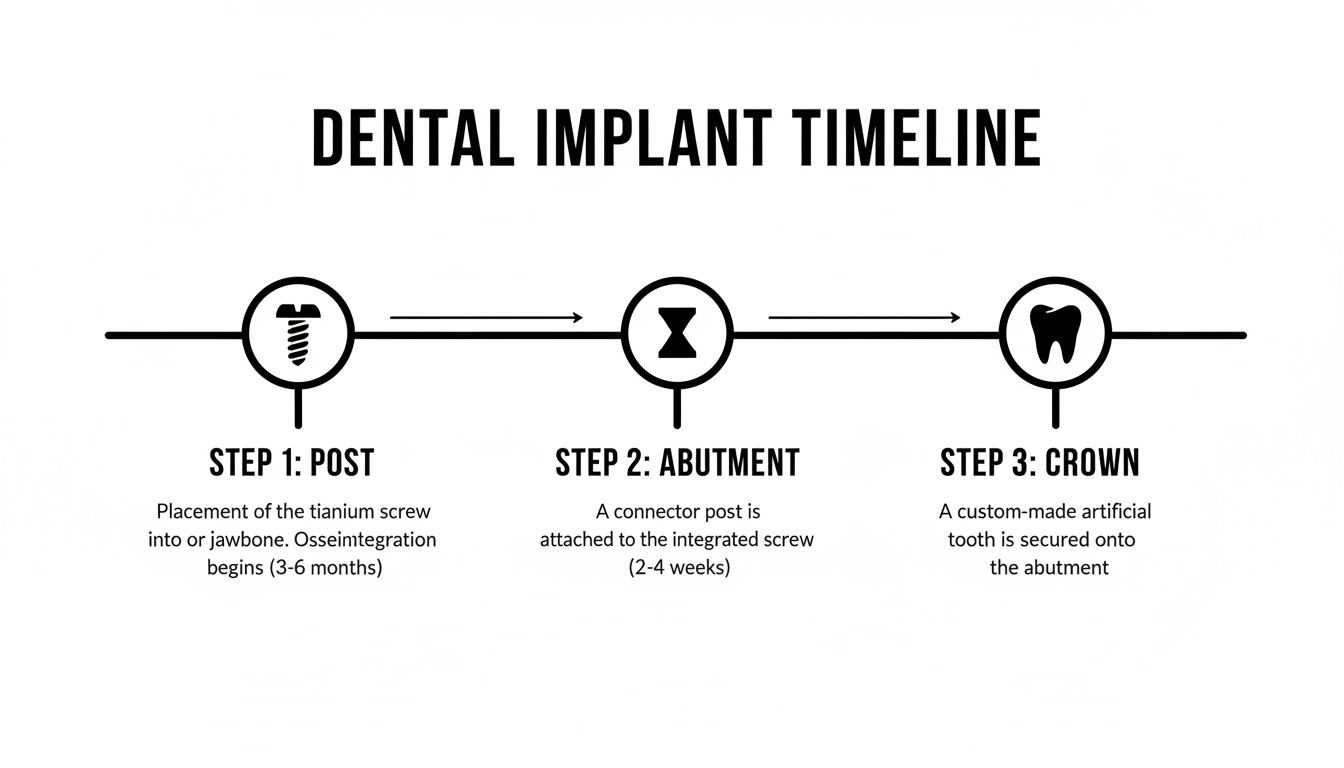 A clear timeline infographic detailing the three steps of a dental implant procedure: post, abutment, and crown.