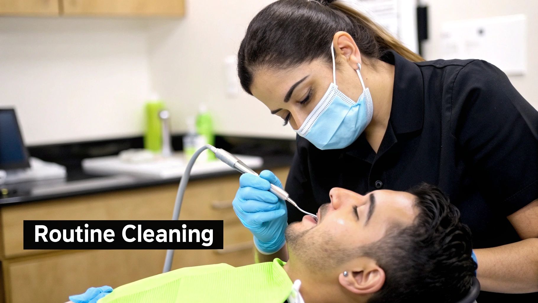 A masked dental professional performs a routine tooth cleaning on a male patient's teeth.