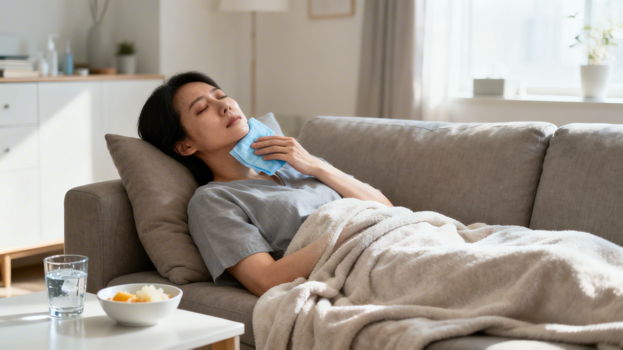 Charles E. Boren | Dentist in Bellaire, TX: How Long Does Numbing Last After Tooth Extraction? A woman rests on a couch with an ice pack on her neck, covered by a blanket, next to a drink and fruit.