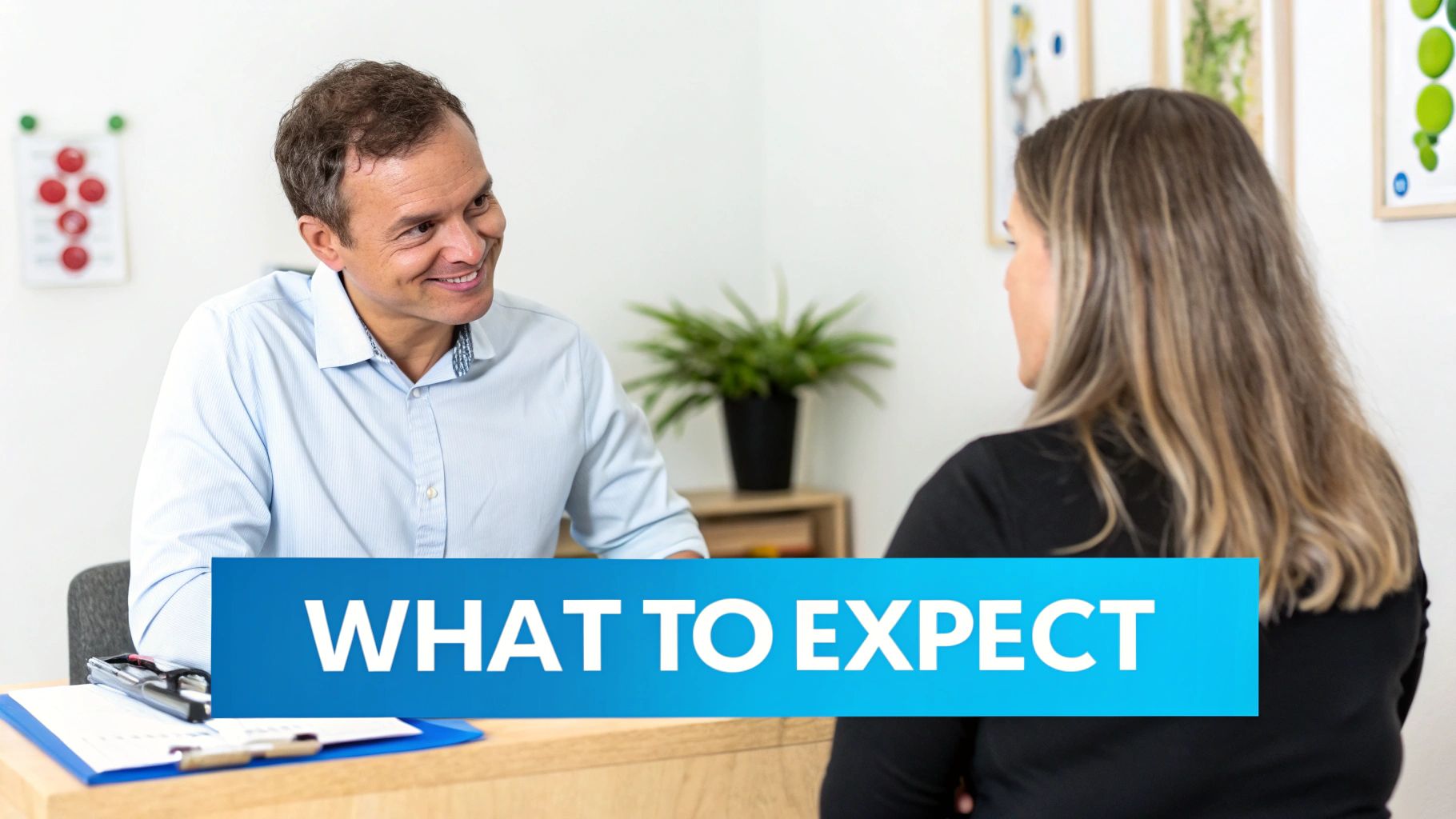 A smiling man consults with a woman in an office, with 'WHAT TO EXPECT' overlay.