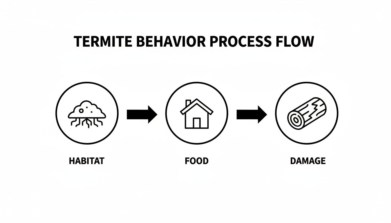 A flow chart illustrating termite behavior from their habitat to finding food in a house and causing wood damage.