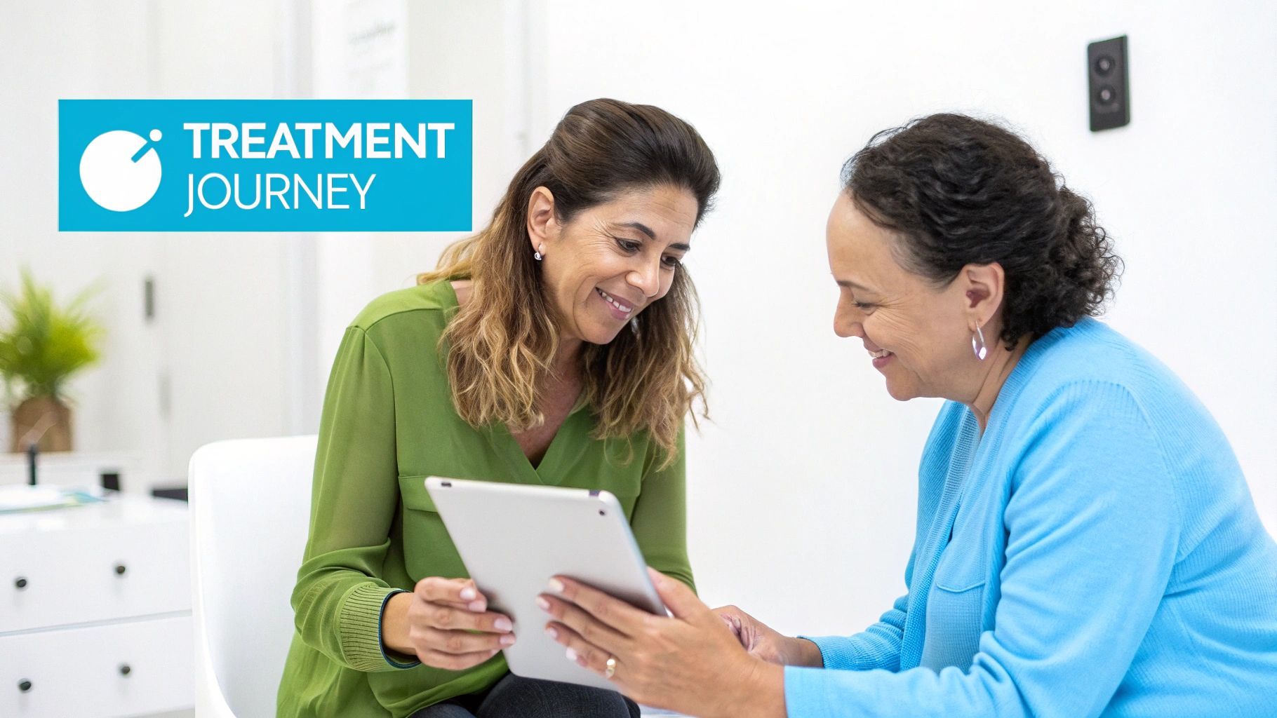 Two smiling women, one in green and one in blue, looking at a tablet with a 'Treatment Journey' logo.