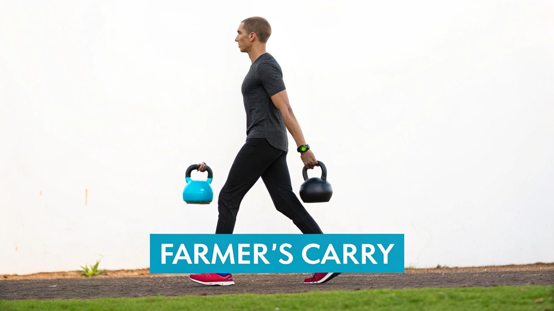 A man performs a farmer's carry exercise, walking with a blue and a black kettlebell.
