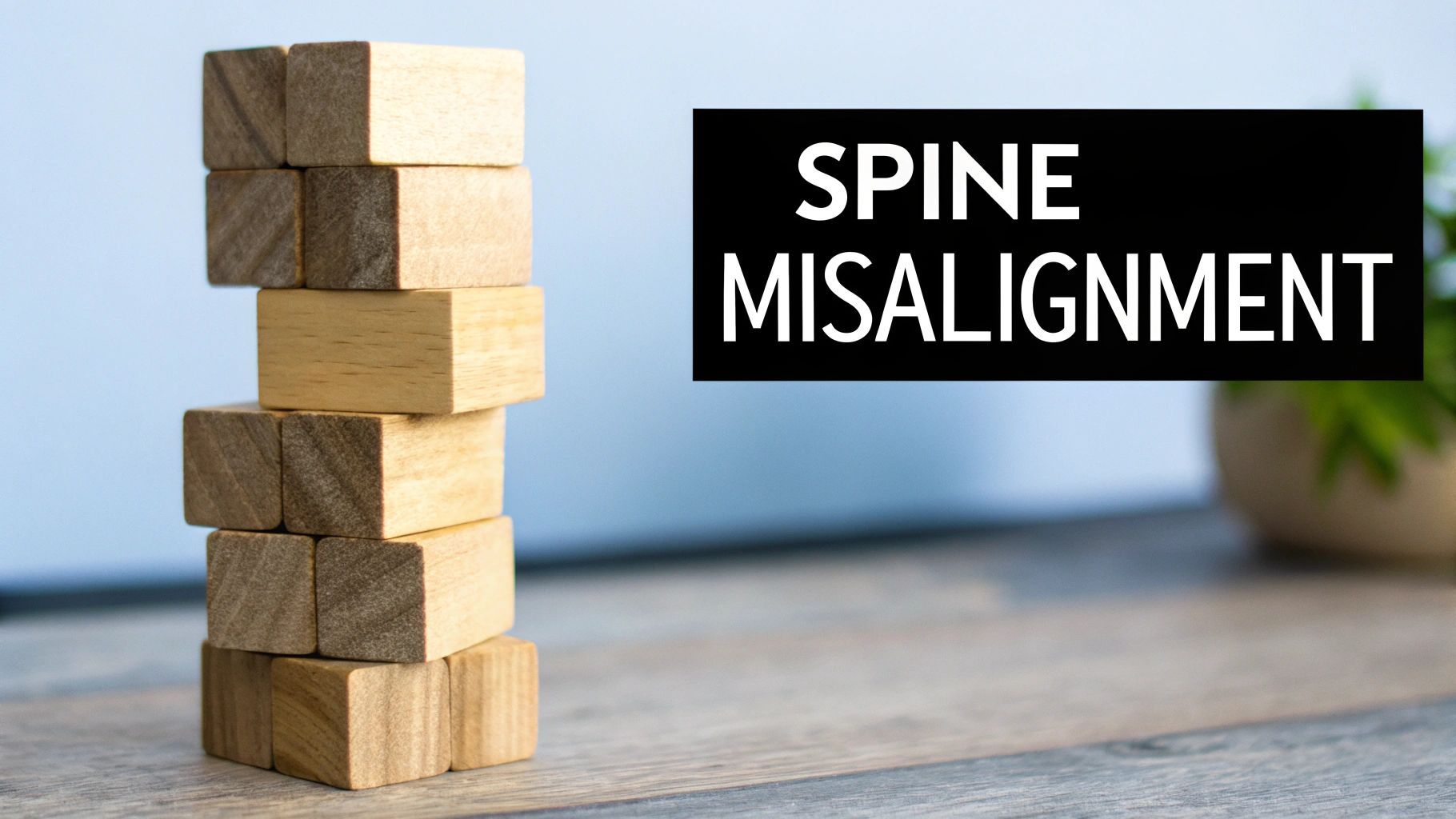 A tower of wooden blocks represents a spine, next to text 'SPINE MISALIGNMENT'.