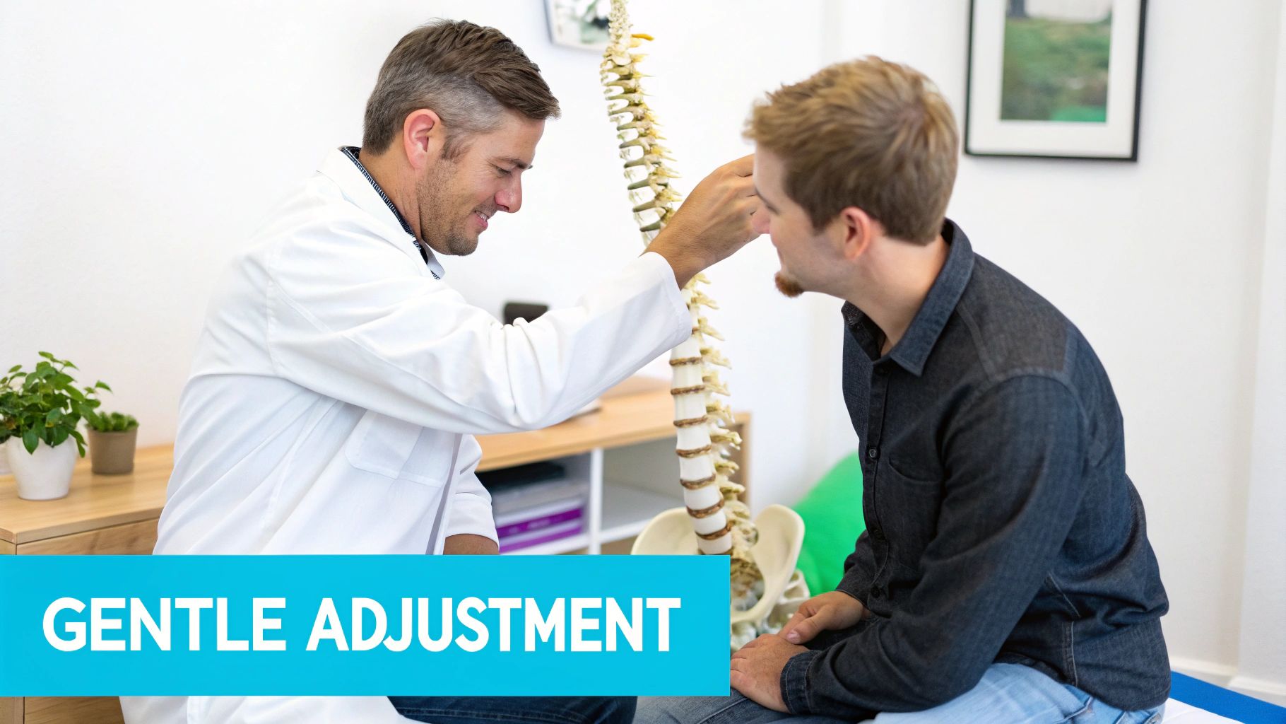 A chiropractor in a white coat explains a spine model to a male patient during a consultation.