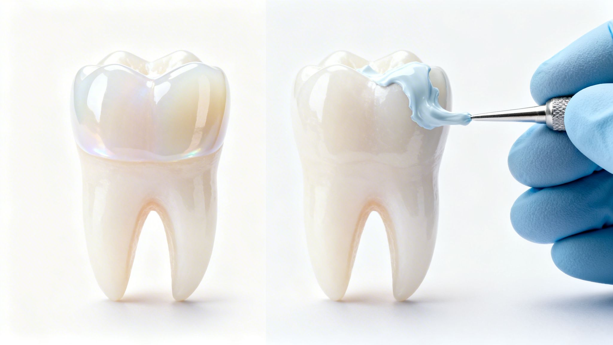 Dental models showing a tooth with a veneer and a gloved hand applying material to another tooth.