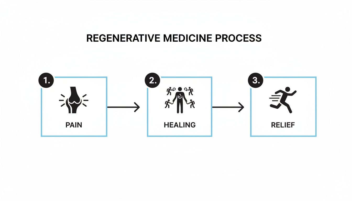 A diagram illustrating the three steps of the regenerative medicine process: pain, healing, and relief.