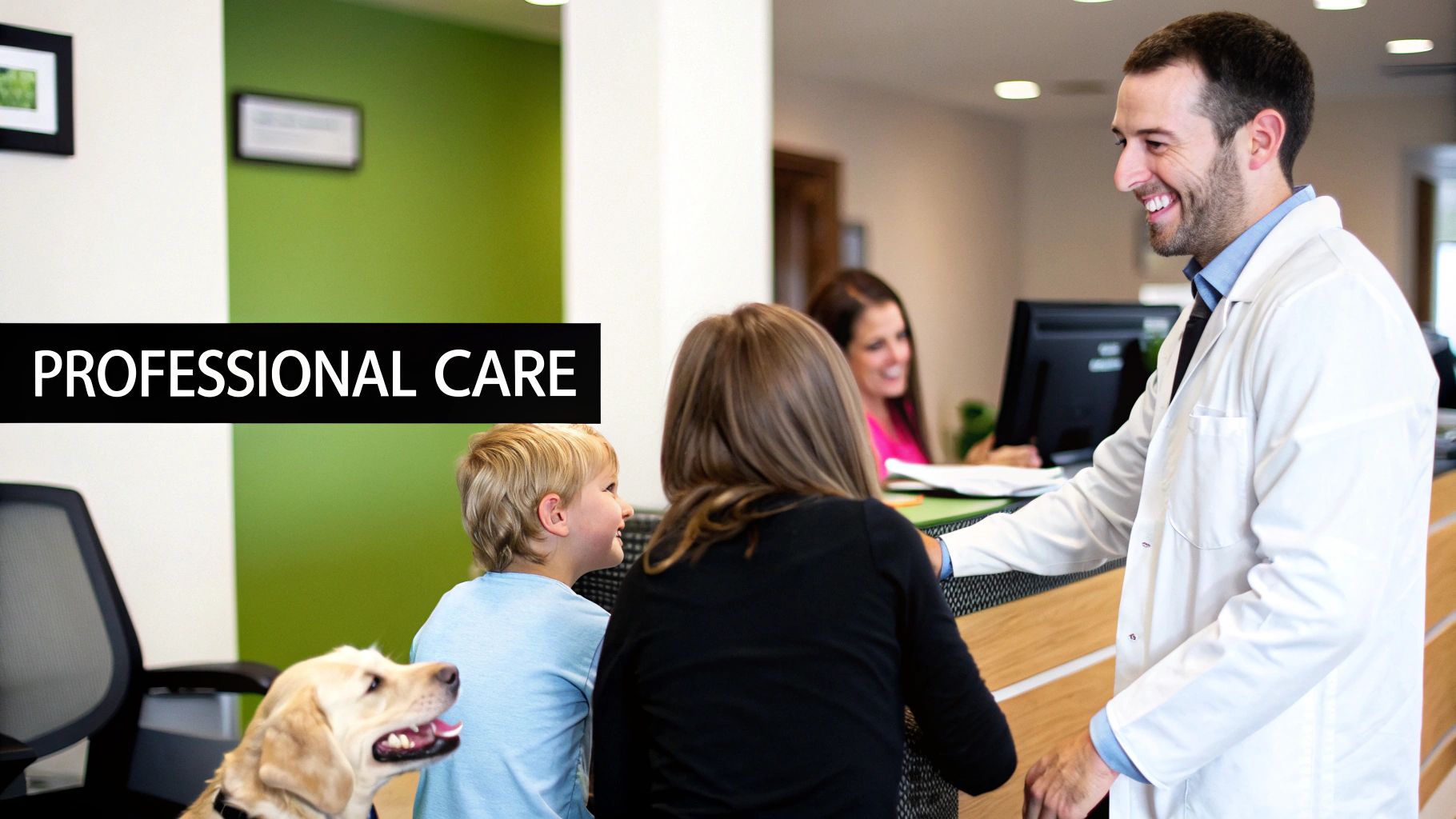 A smiling vet interacts with a woman, a child, and their golden retriever dog at a clinic.