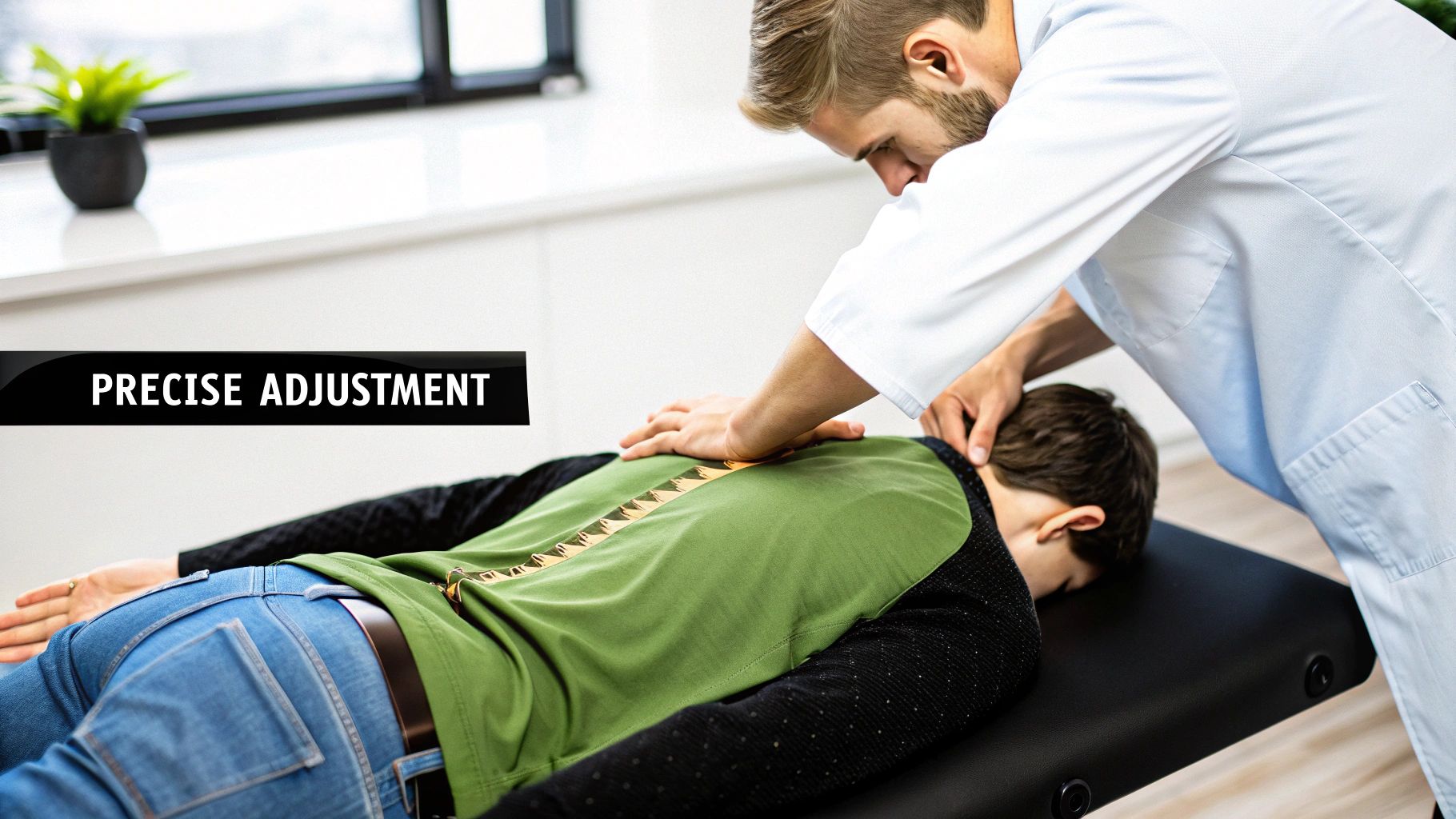 Professional chiropractor performs a precise back adjustment on a male patient lying face down on a treatment table.