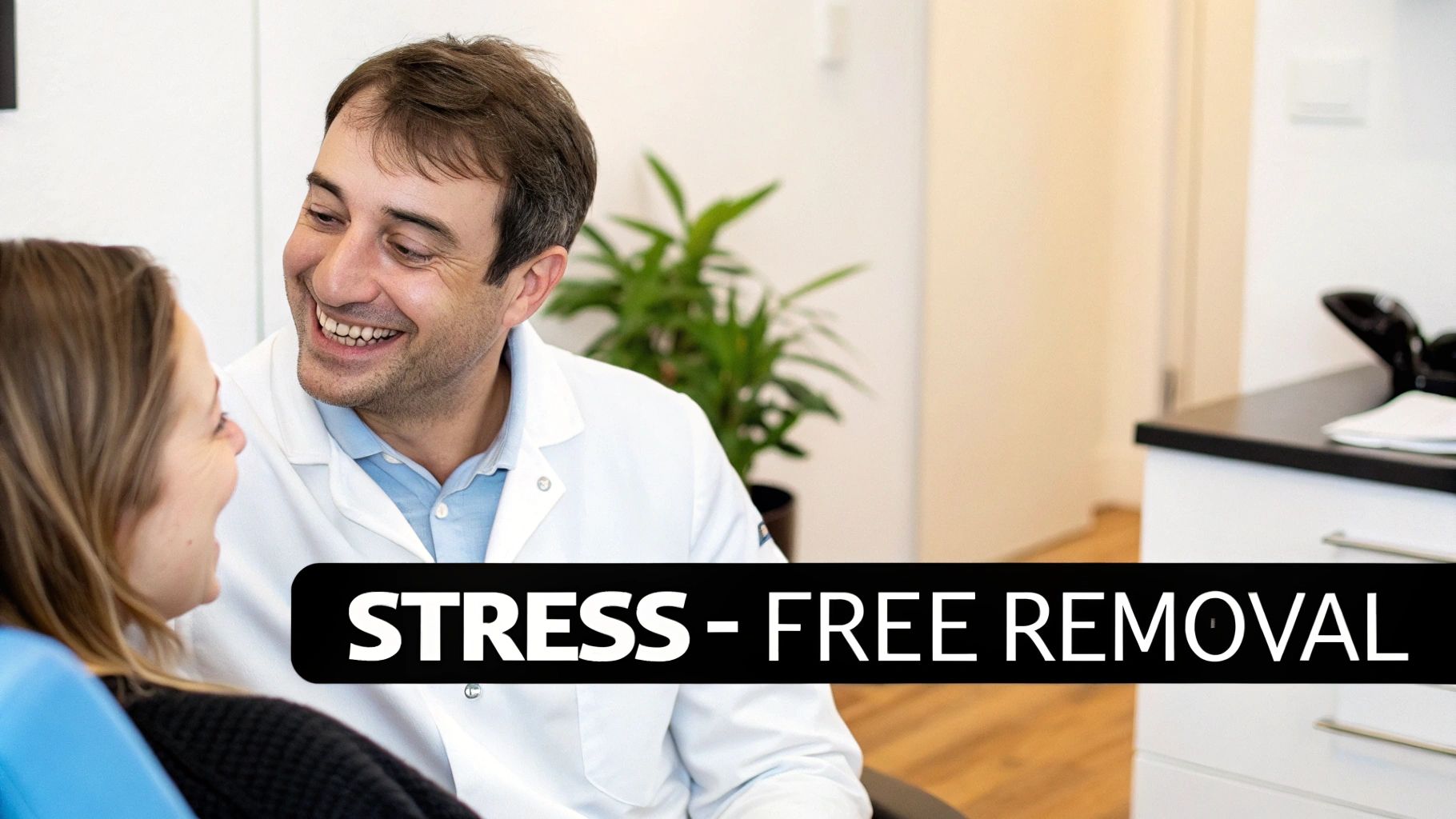 A smiling dentist in a white lab coat talking to a female patient, promoting stress-free removal.