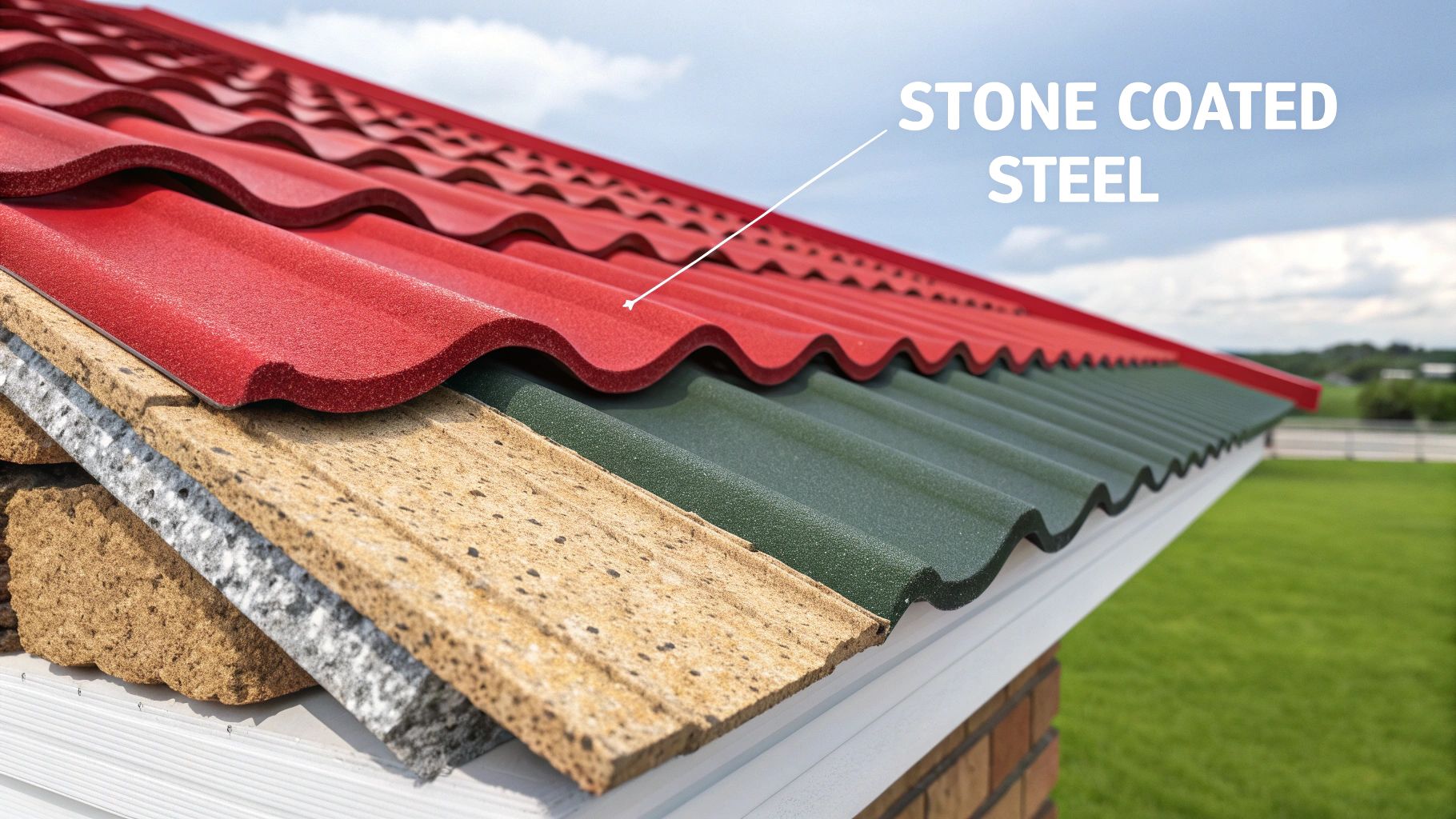 Close-up of a layered roof system, featuring red and green stone coated steel tiles and insulation layers.