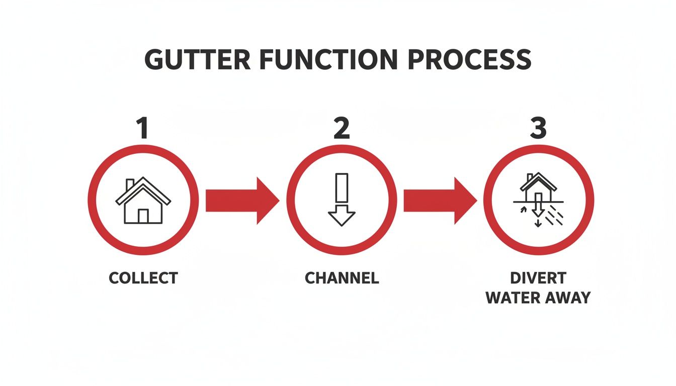 A three-step diagram illustrating the gutter function process: collect, channel, and divert water away.