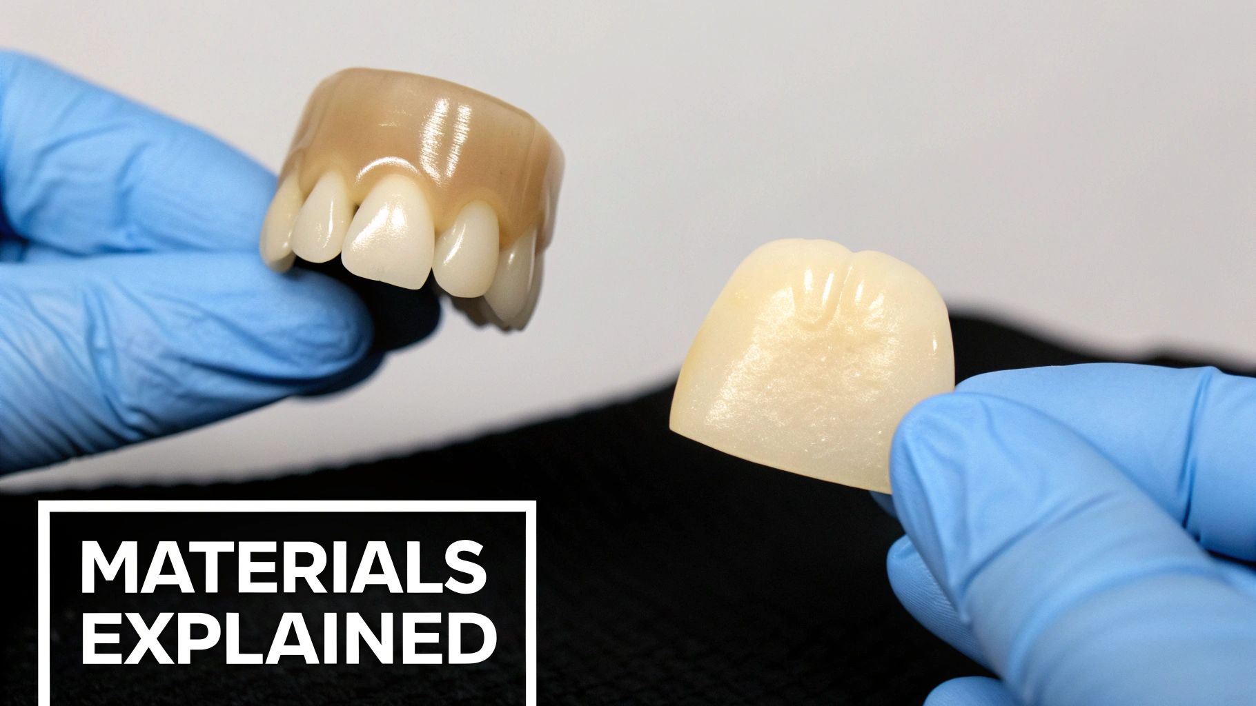 A person in blue gloves holding dental prosthetics, including a partial denture and a single crown, with 'MATERIALS EXPLAINED' text.