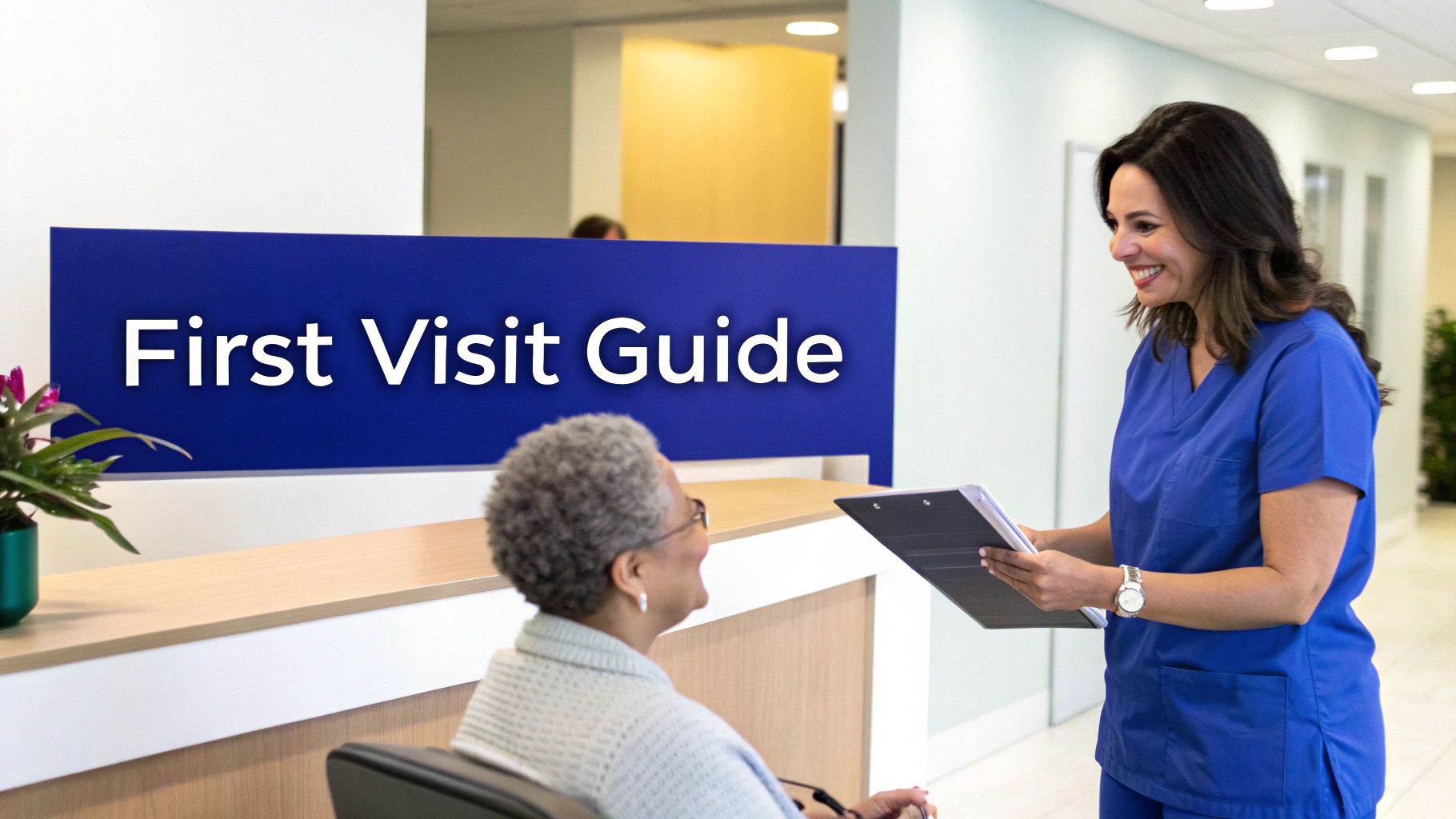 A friendly nurse in blue scrubs welcomes an elderly patient at a clinic reception, with a 'First Visit Guide' sign.