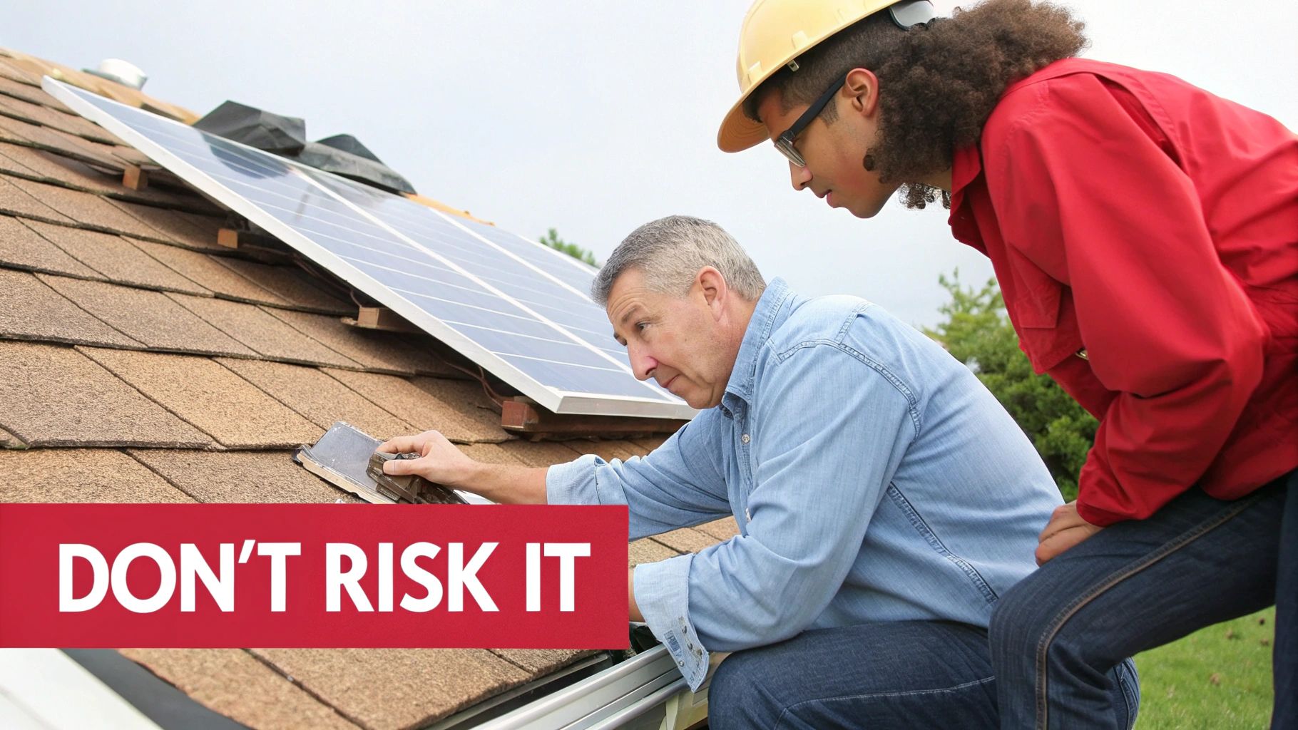 Experienced and apprentice roofers performing maintenance on a shingled roof near solar panels.