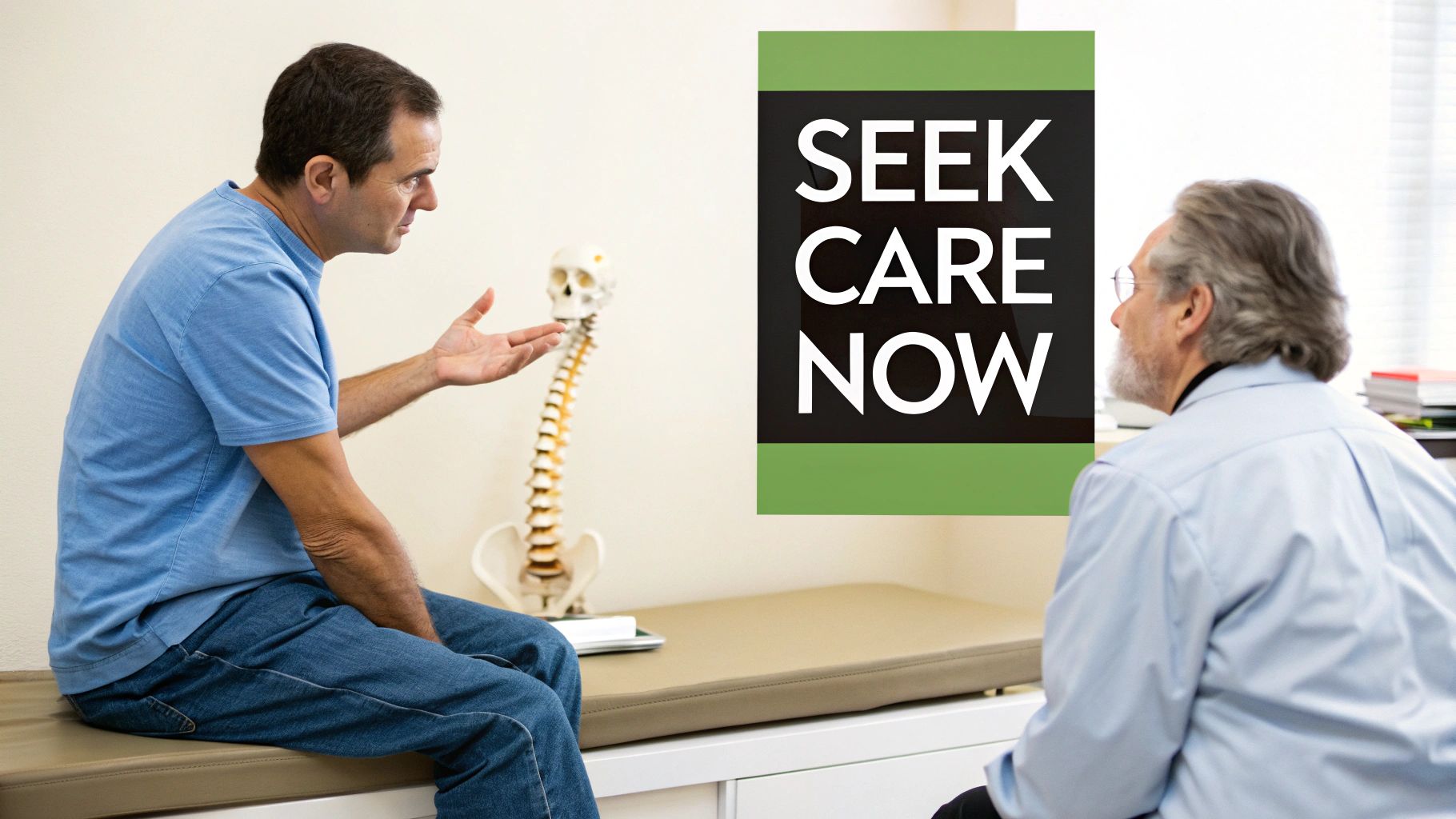 A patient sits on an examination table, gesturing while consulting with a doctor in a clinic, next to a spine model and a 'SEEK CARE NOW' sign.