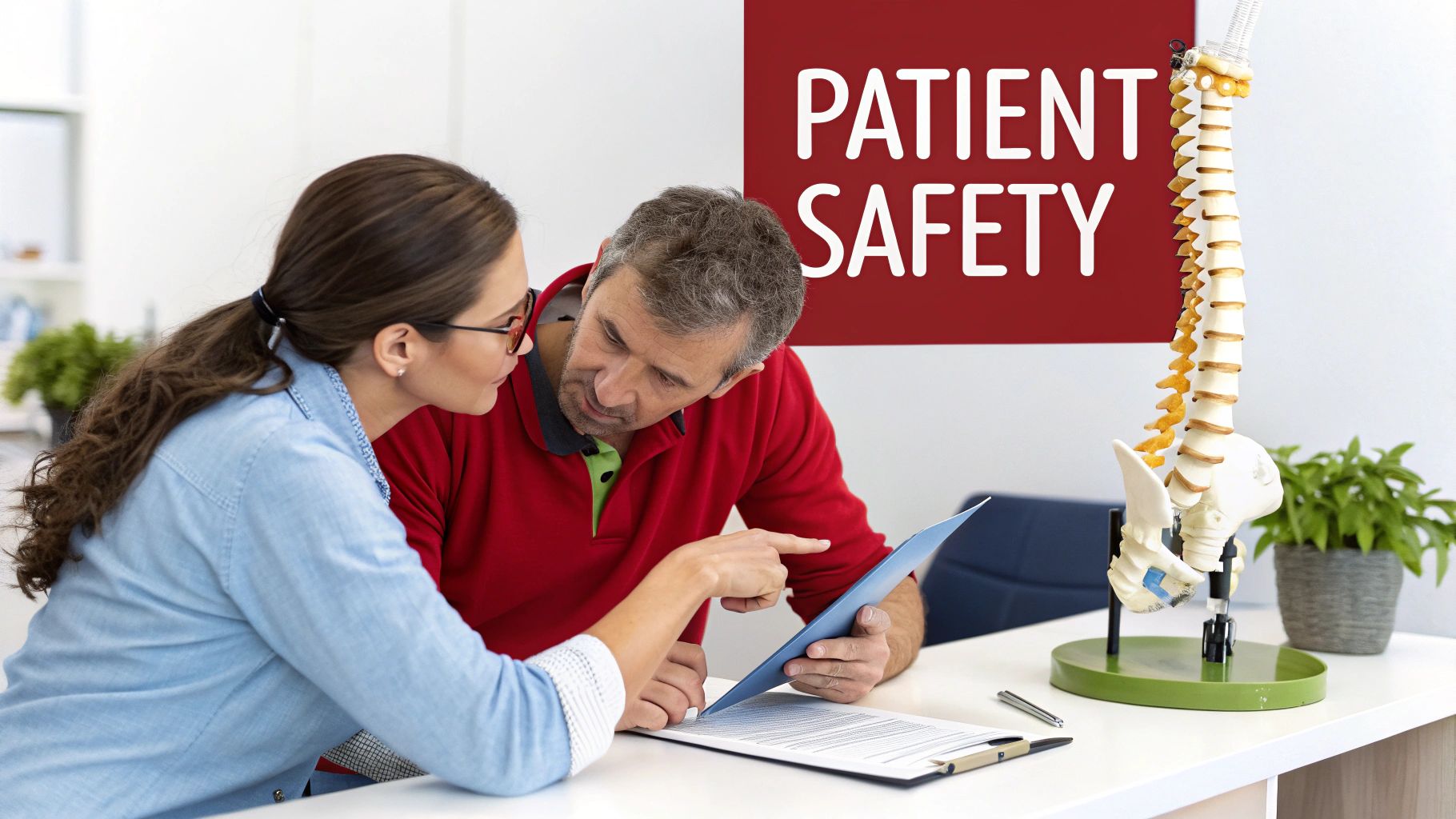 A woman explains documents to a man, with a spine model and a 'PATIENT SAFETY' sign.