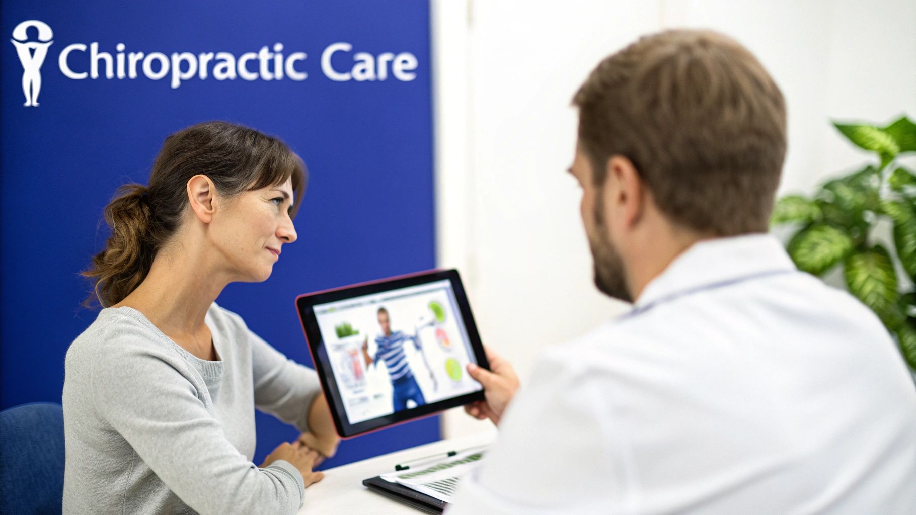 A chiropractor explains medical information to a female patient using a tablet during a consultation.