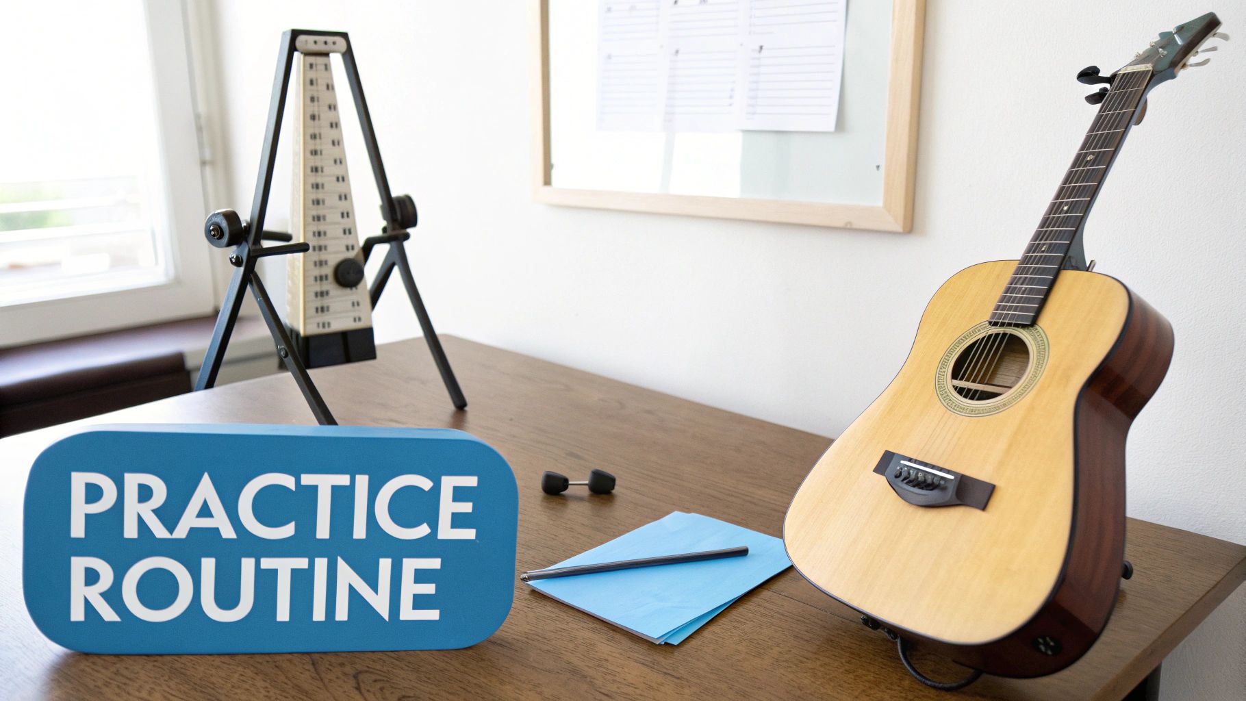 Acoustic guitar on a stand, metronome, and a 'Practice Routine' sign on a wooden desk.