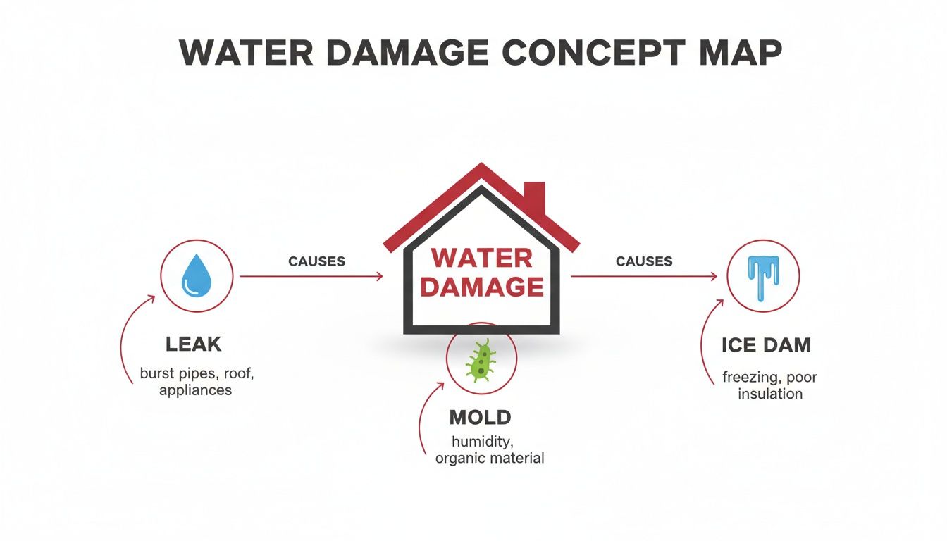 A concept map illustrating the causes of water damage, including leaks, ice dams, and the resulting mold.
