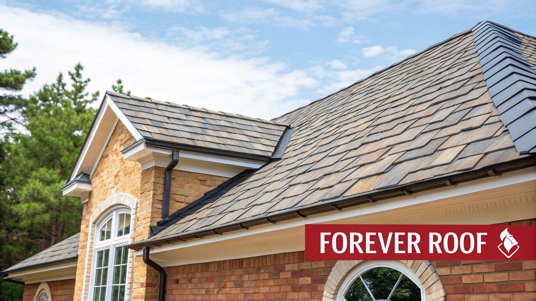 Close-up of a house featuring a durable, multi-toned slate roof and brick walls under a blue sky.