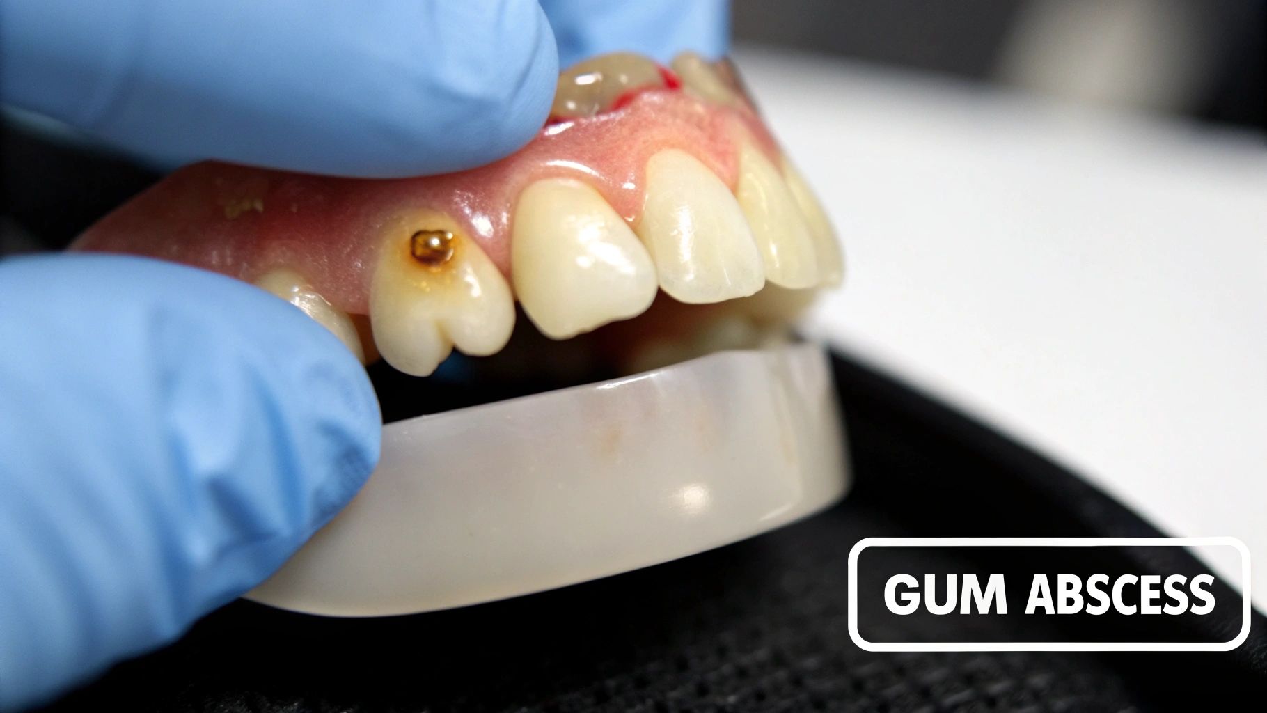 Close-up of a hand in a blue glove holding a dental model showing a gum abscess.