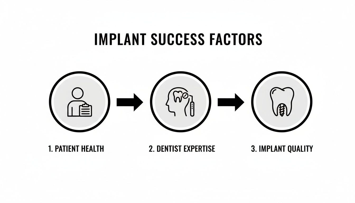 Diagram illustrating three key factors for successful dental implants: patient health, dentist expertise, and implant quality.