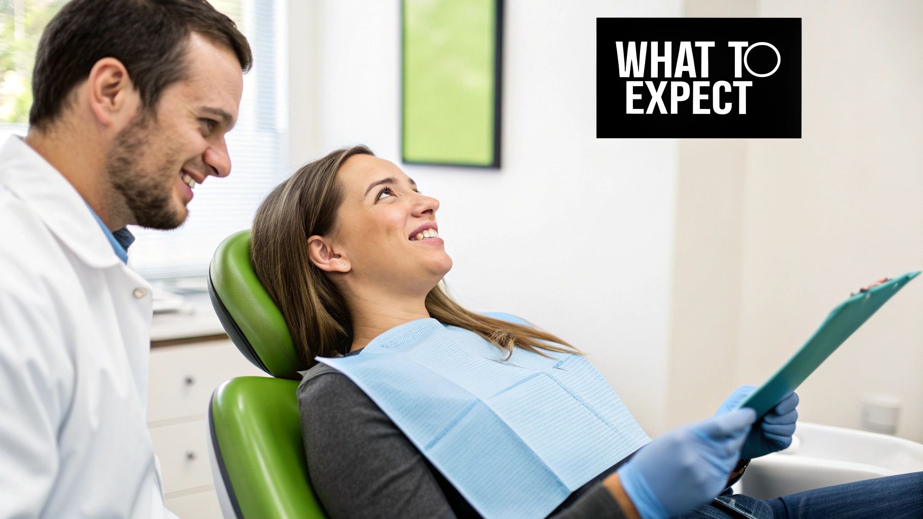 Smiling dentist consults with a happy female patient in a dental chair, holding a clipboard.