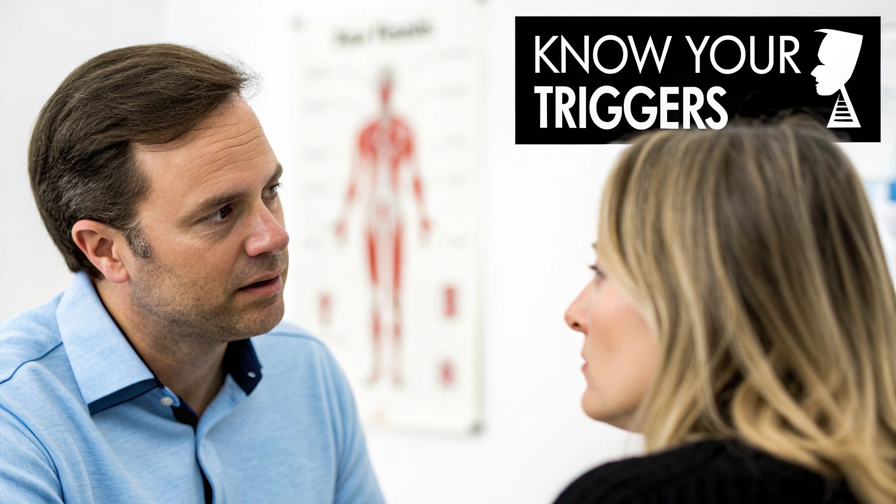 A man and a woman engaging in conversation in a doctor's office with 'KNOW YOUR TRIGGERS' overlay.
