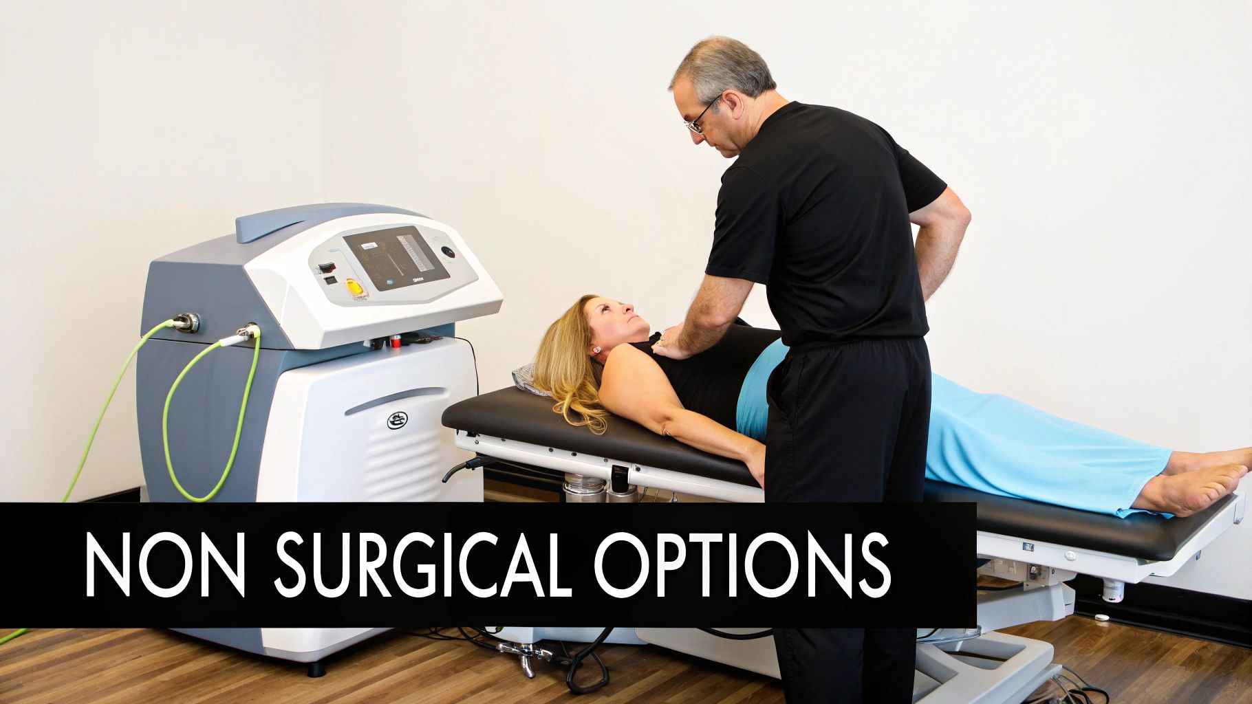A therapist examines a woman on an examination table, with medical equipment, promoting non-surgical treatment options.