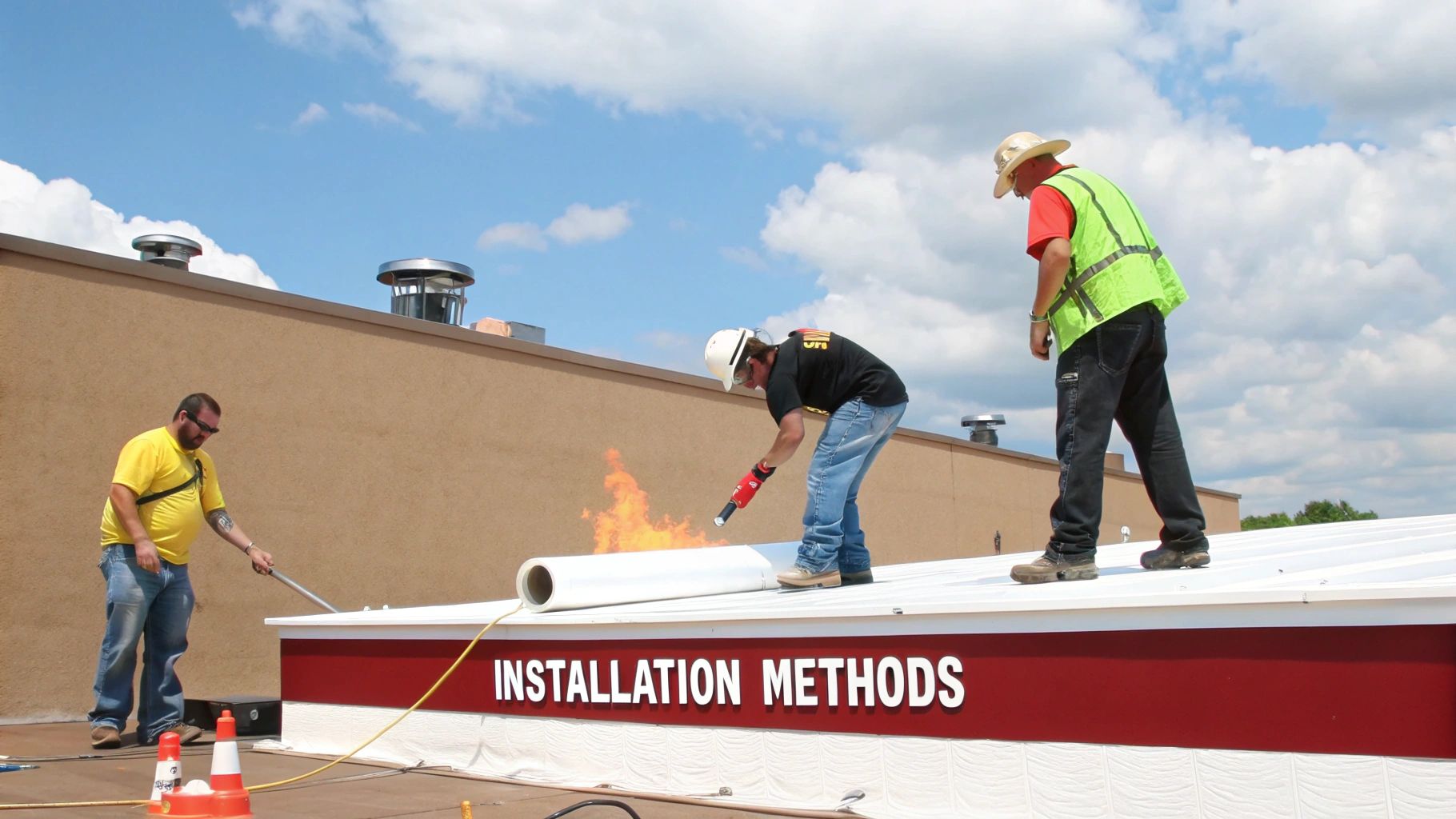 Roofers installing a white roof membrane with a torch, watched by another worker, on a commercial building.