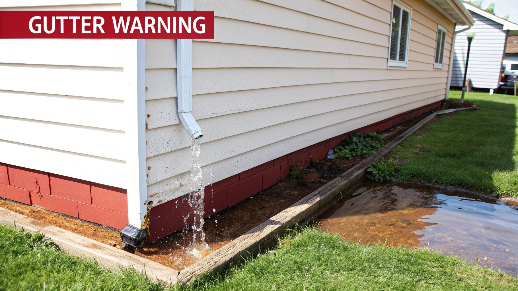 A downspout discharges water directly onto the ground next to a house foundation, creating a large puddle, with a 'GUTTER WARNING' banner.