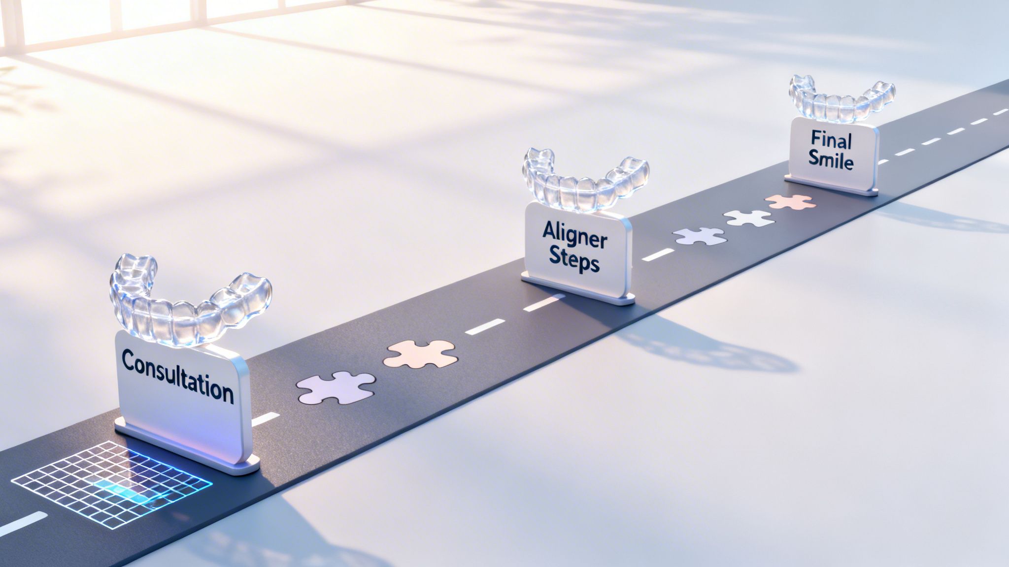 A clear aligner treatment journey with three steps: Consultation, Aligner Steps, and Final Smile.
