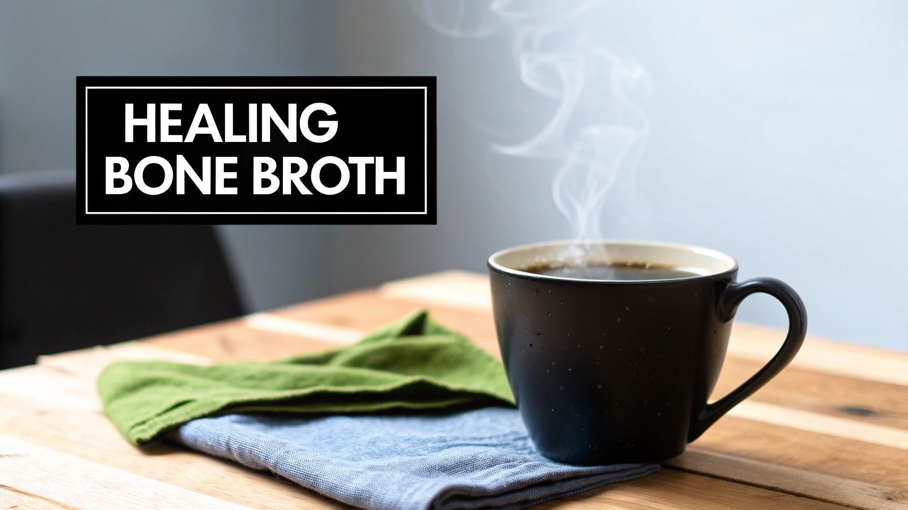A steaming black mug of bone broth on a wooden table with napkins, promoting healing.