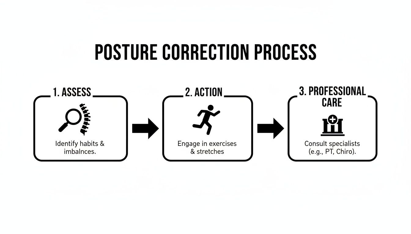 A step-by-step flowchart illustrating the posture correction process: assess, action, and professional care.