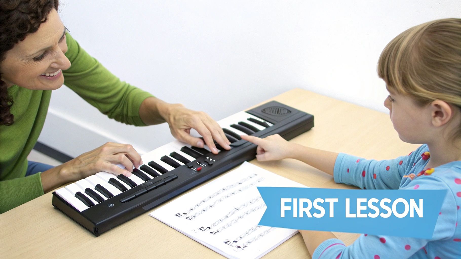 Smiling woman guides a child's hands on a small keyboard during their first music lesson.