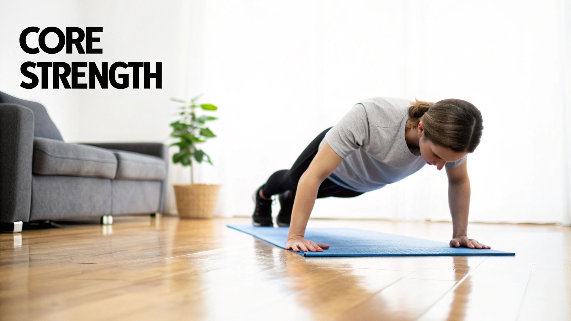 A woman performing a plank exercise on a blue yoga mat to build core strength at home.