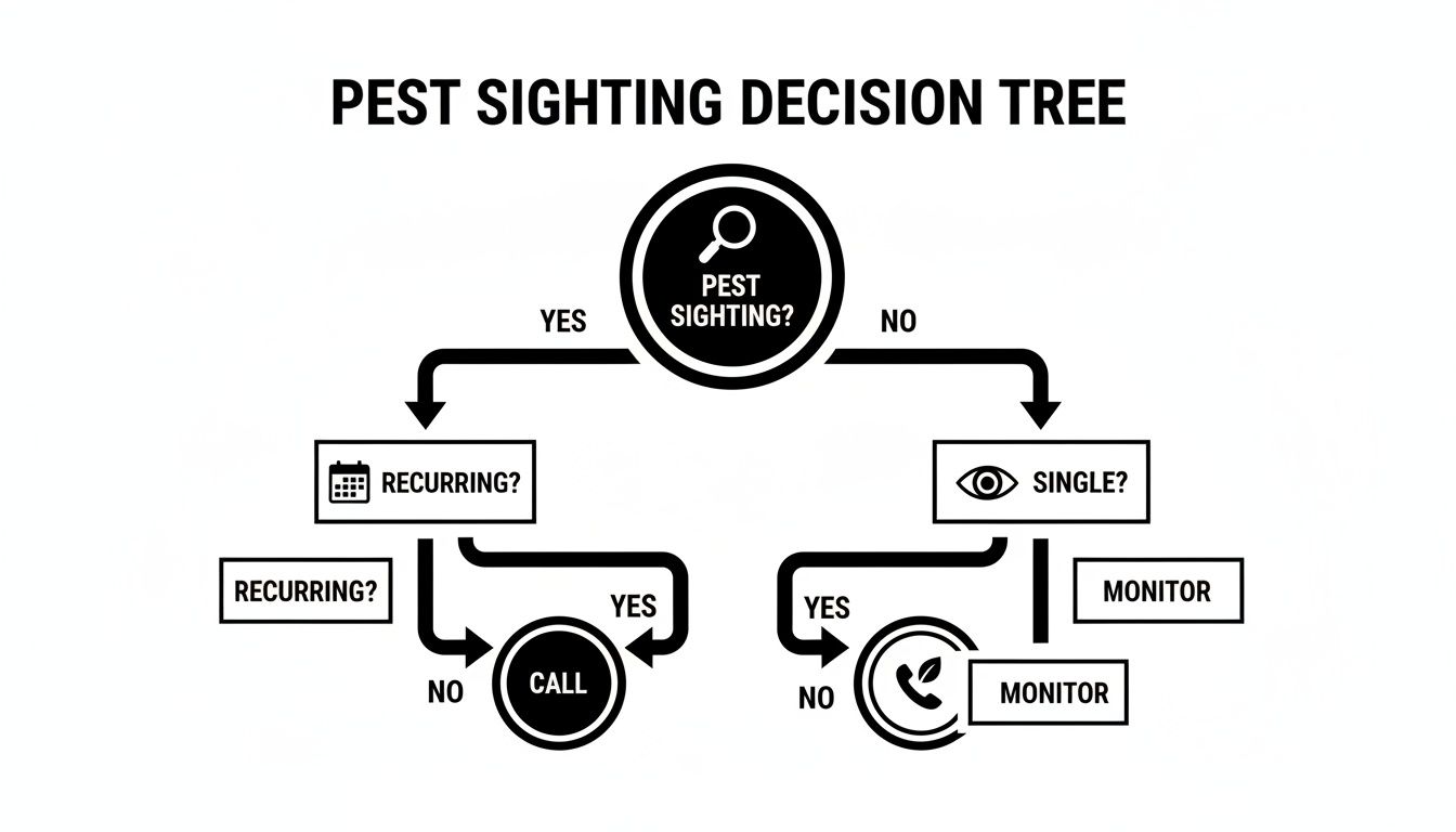 Pest Sighting Decision Tree flowchart showing when to call pest control or monitor activity.