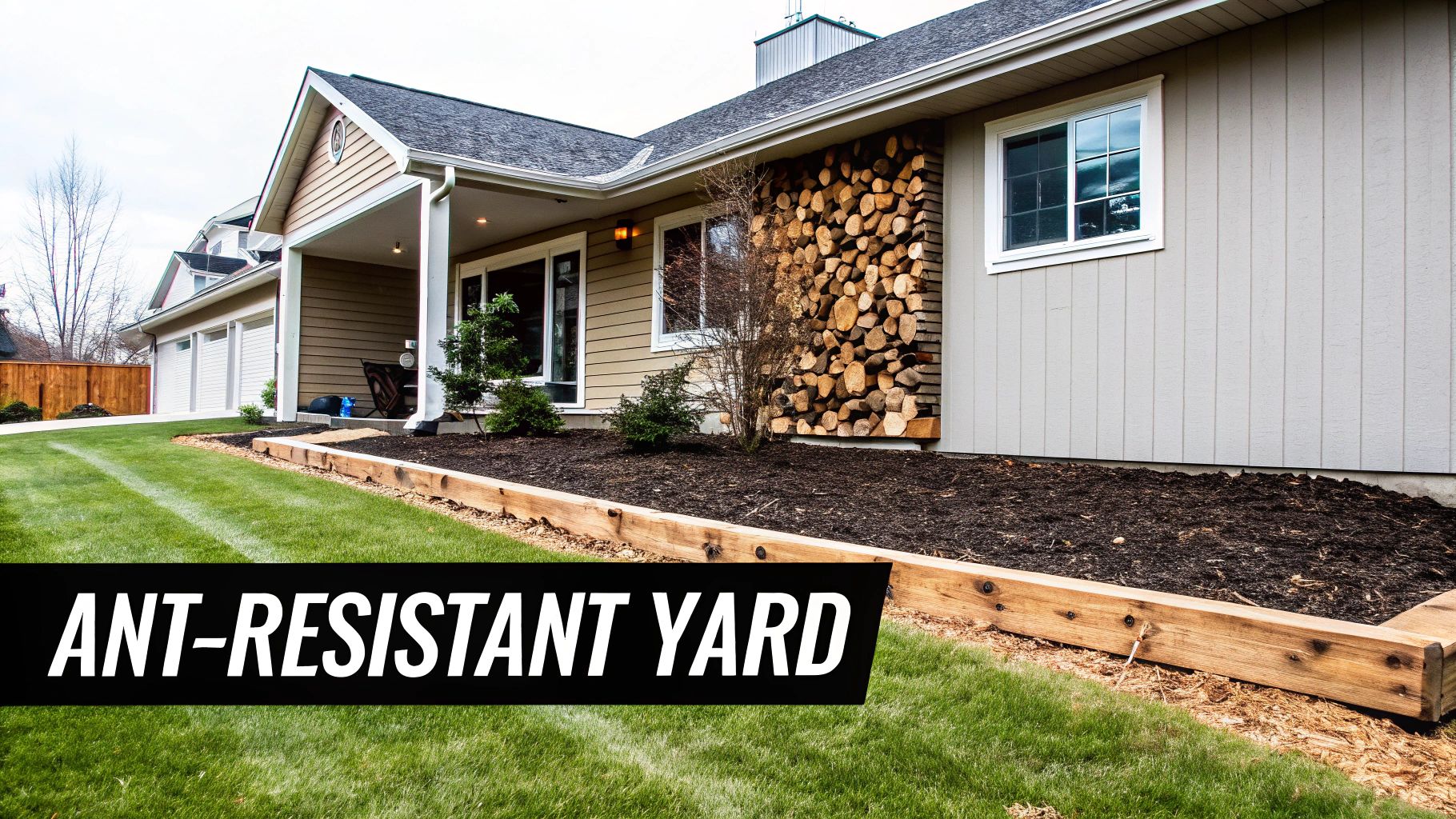 A well-maintained house with a green lawn, mulched garden bed, and a decorative firewood pile.