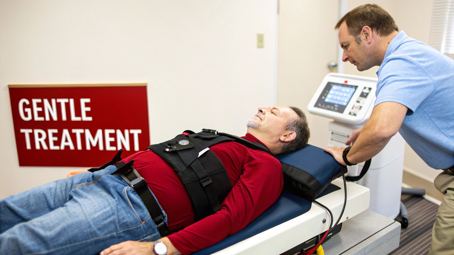 A male patient lies on a table wearing a harness, receiving gentle spinal decompression therapy from a doctor.
