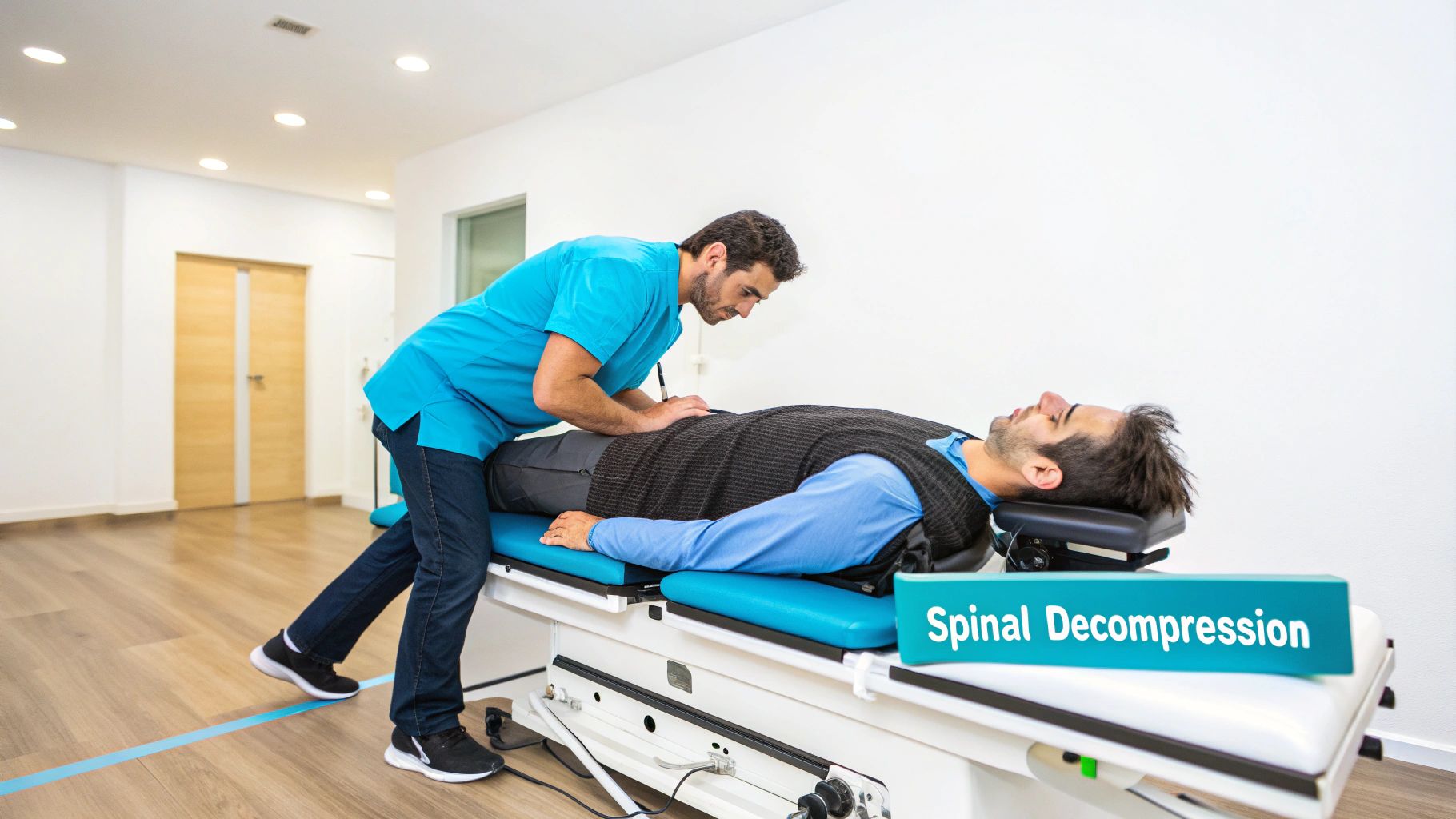 A therapist performs spinal decompression therapy on a patient lying on a treatment table.