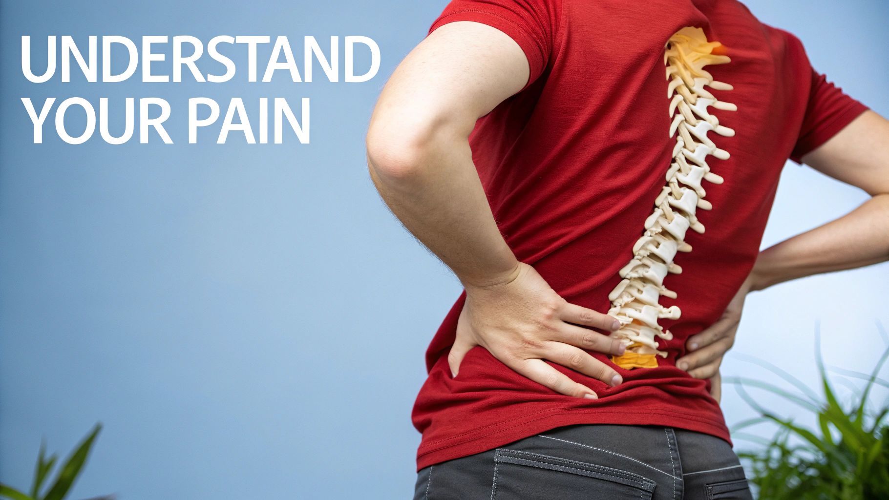 A person holds their painful lower back, with a glowing spine overlay highlighting areas of discomfort, against a blue background.