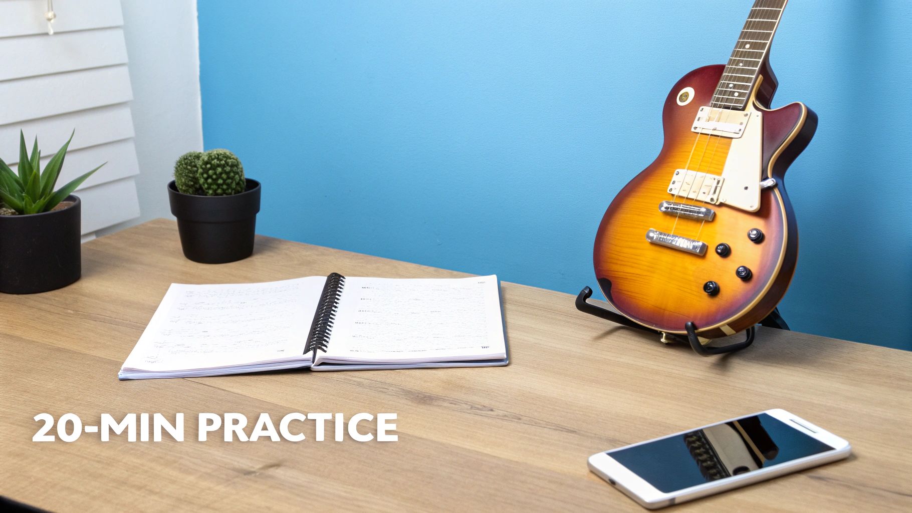 An electric guitar on a stand, an open notebook, and plants on a wooden desk, ready for practice.