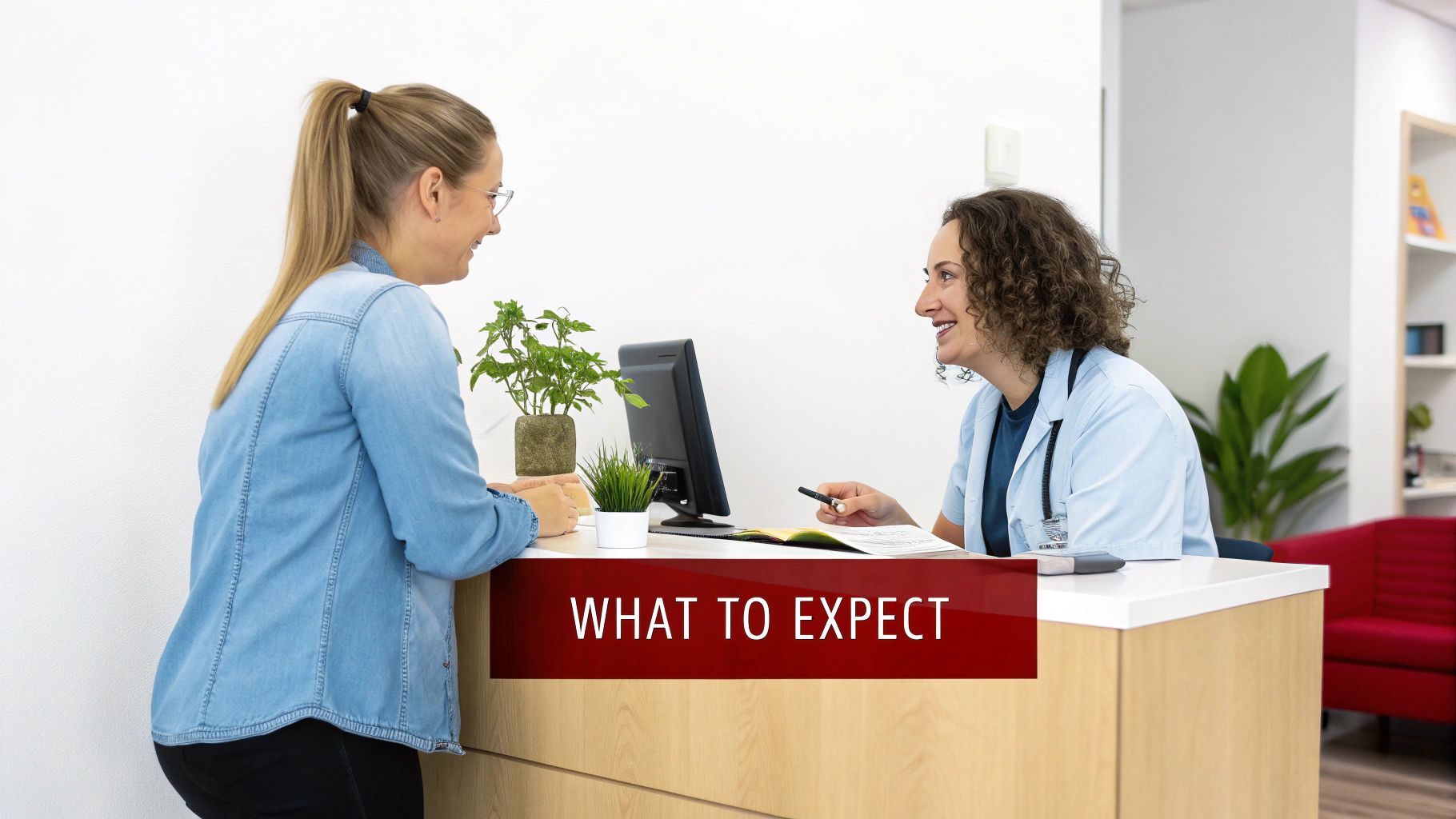 A medical professional and a patient smiling and talking at a reception desk.