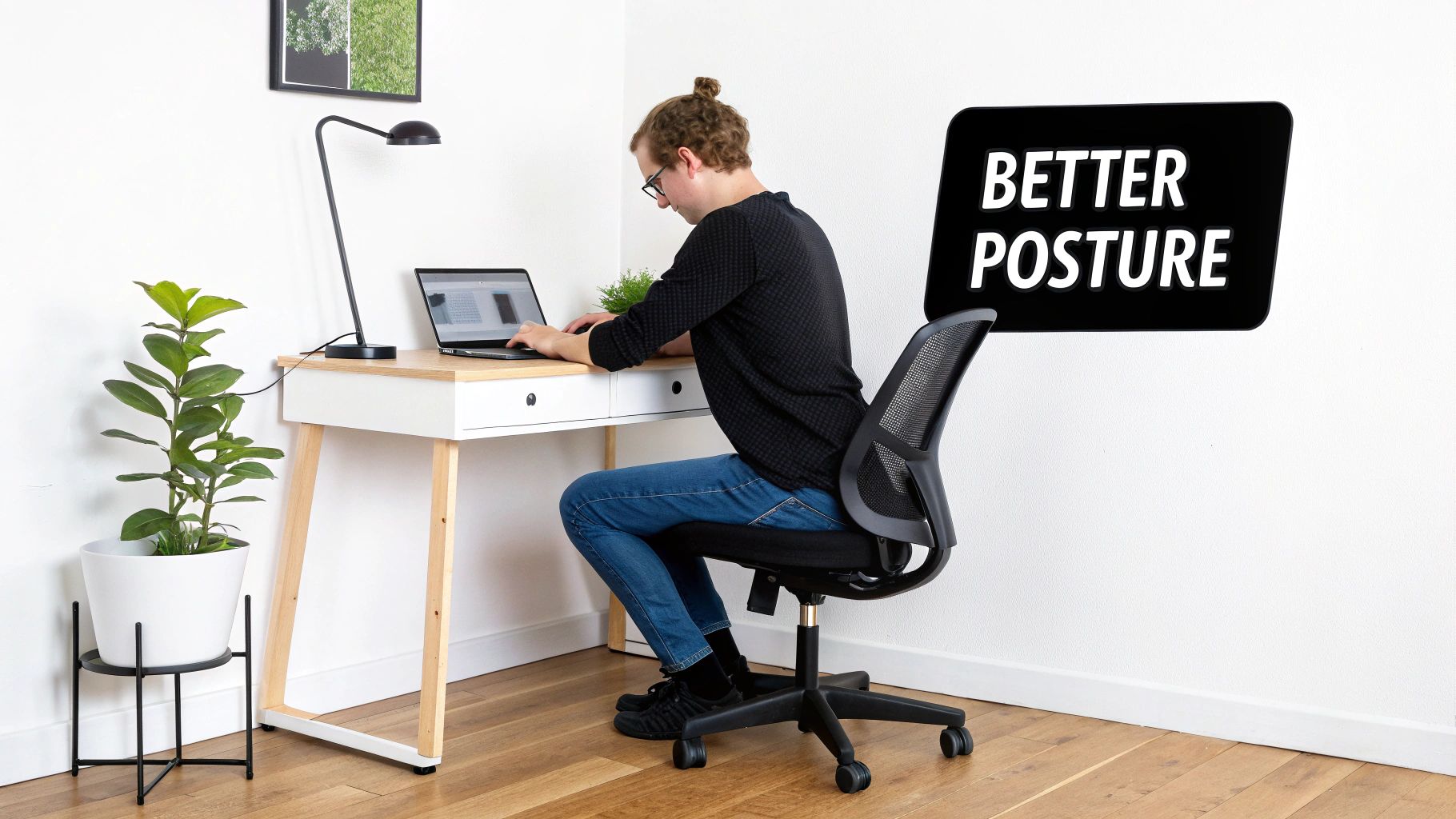Hershey Family Chiropractic | Chiropractor in Hershey, PA for Natural Lower Back Pain Relief A young man with a bun sits at a modern desk, working on a laptop with a hunched posture. A sign on the wall says "BETTER POSTURE."