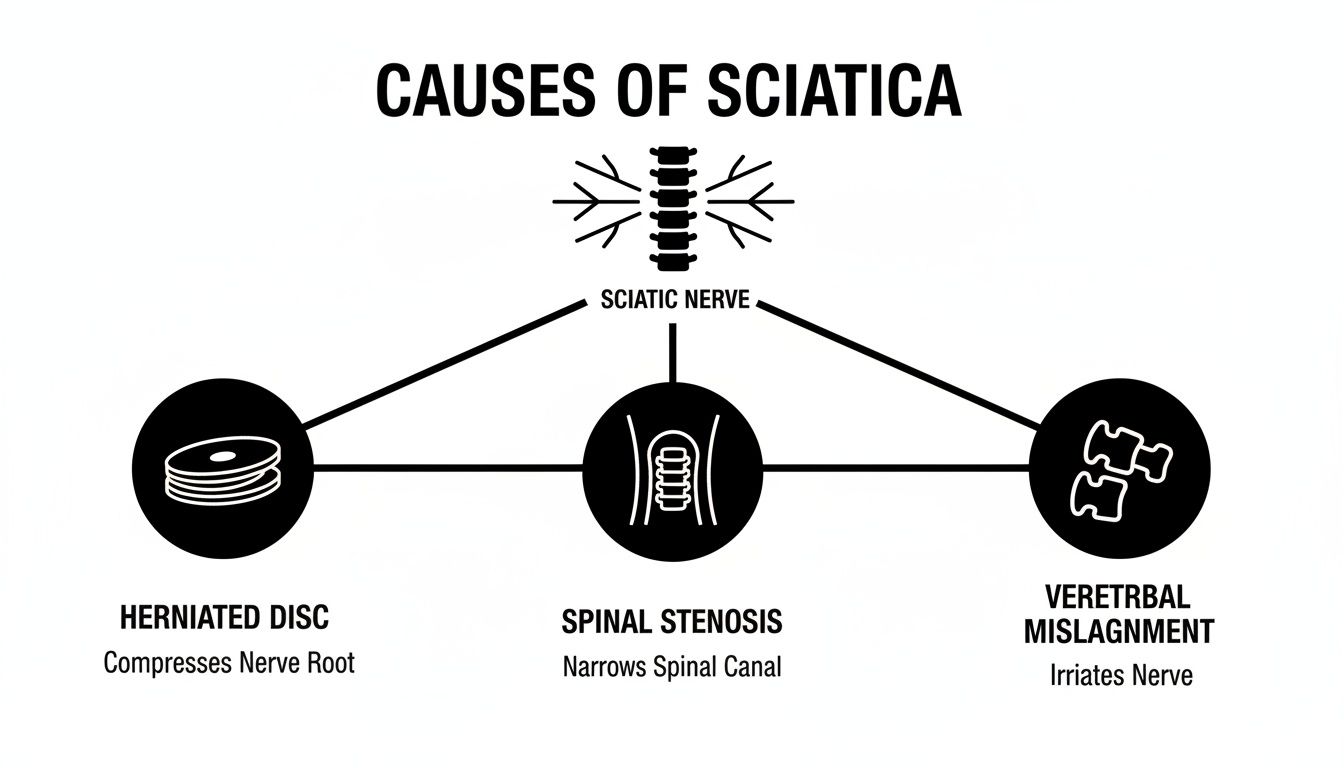 Diagram illustrating the three main causes of sciatica: herniated disc, spinal stenosis, and vertebral misalignment.