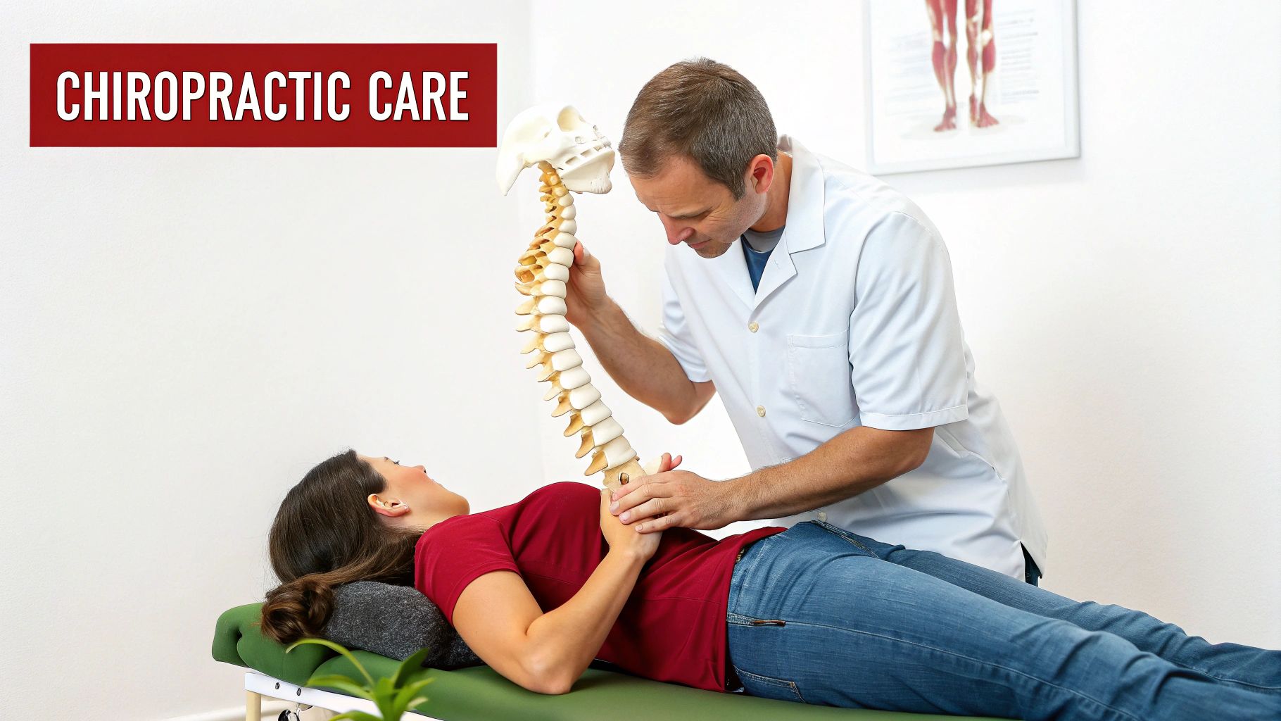 A chiropractor uses a spine model to explain chiropractic care to a female patient.